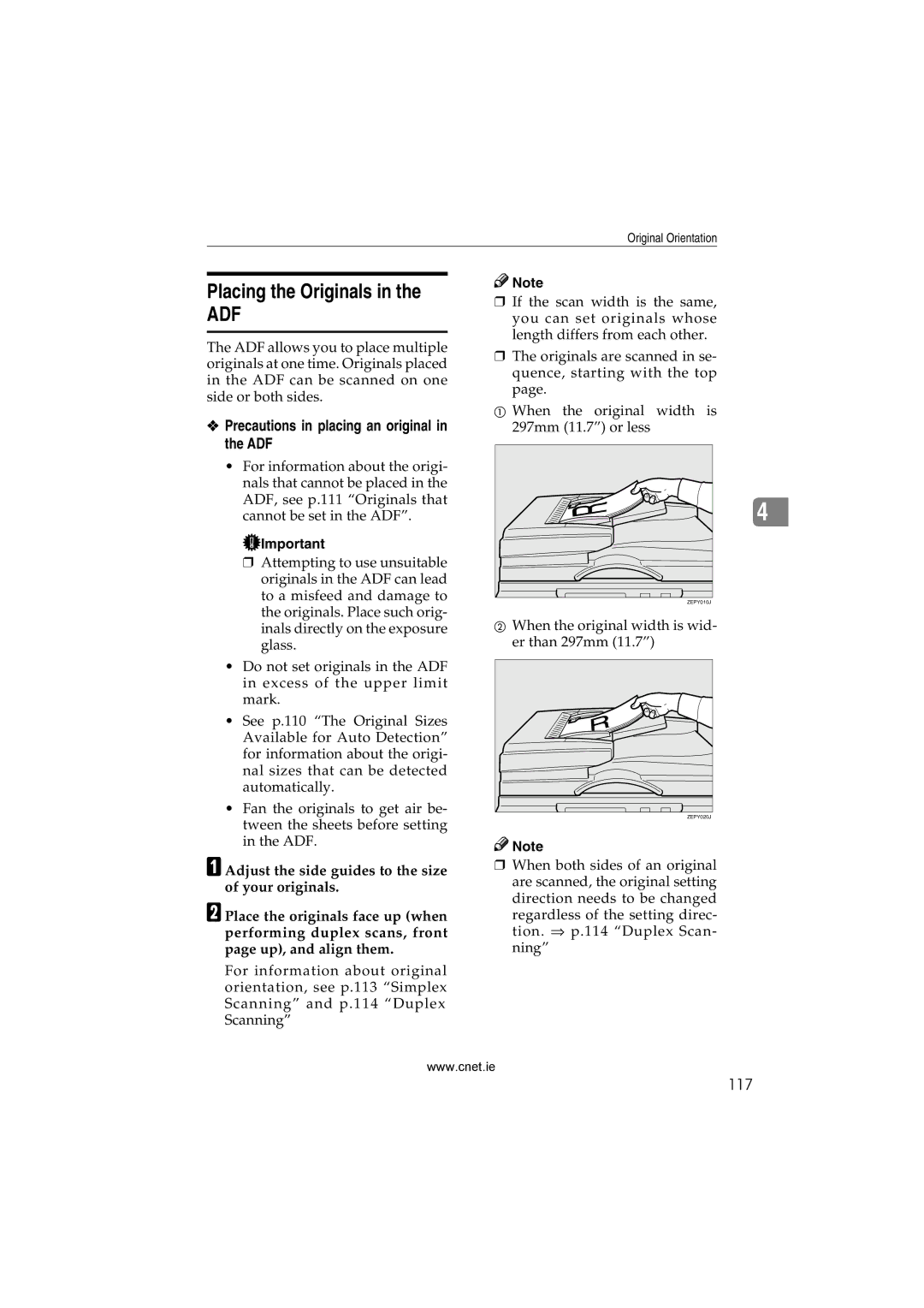 CNET Printer/Fax/Scanner/Copier appendix Placing the Originals, Precautions in placing an original in the ADF, 117 