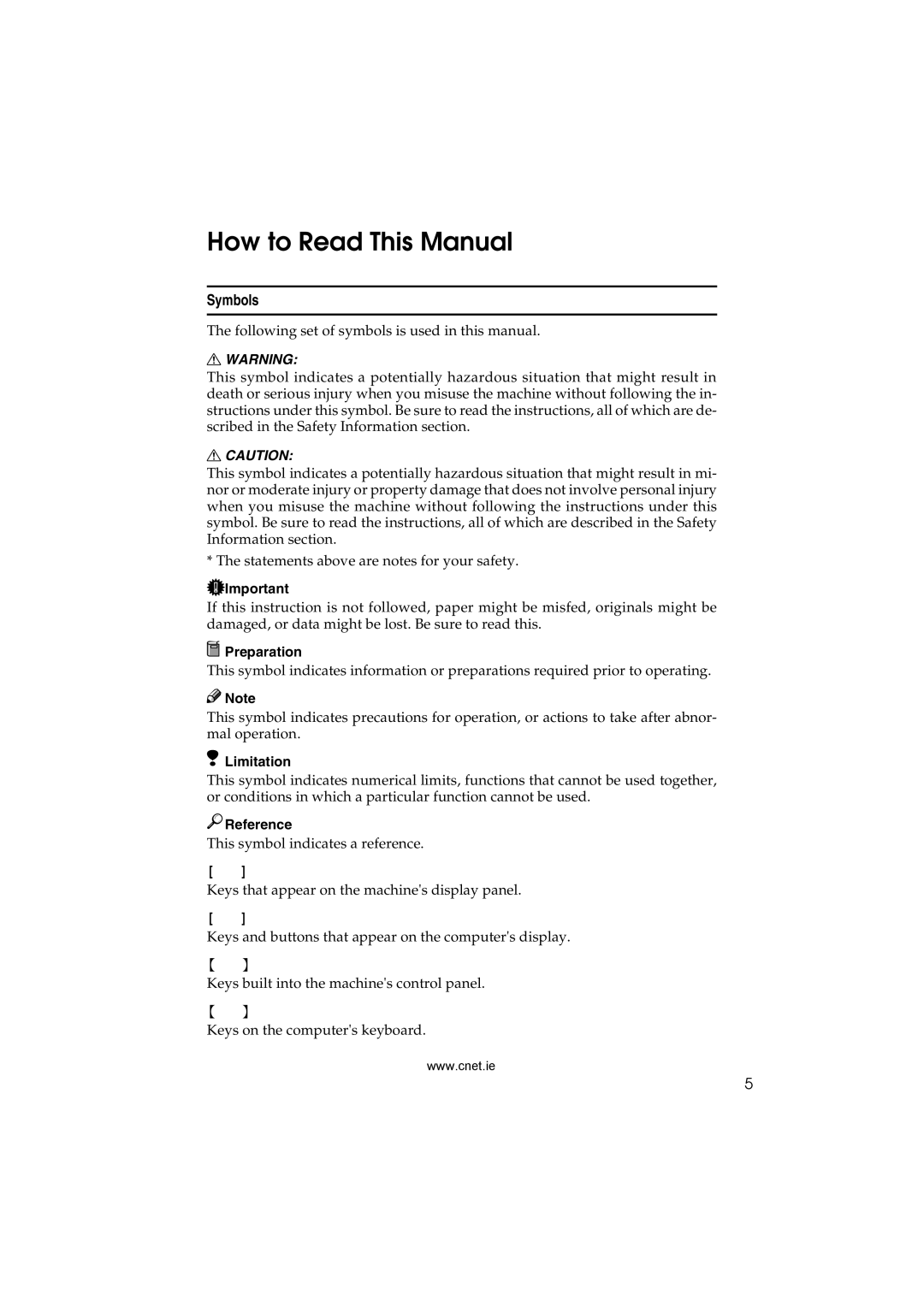 CNET Printer/Fax/Scanner/Copier appendix How to Read This Manual, Symbols, Preparation, Limitation, Reference 