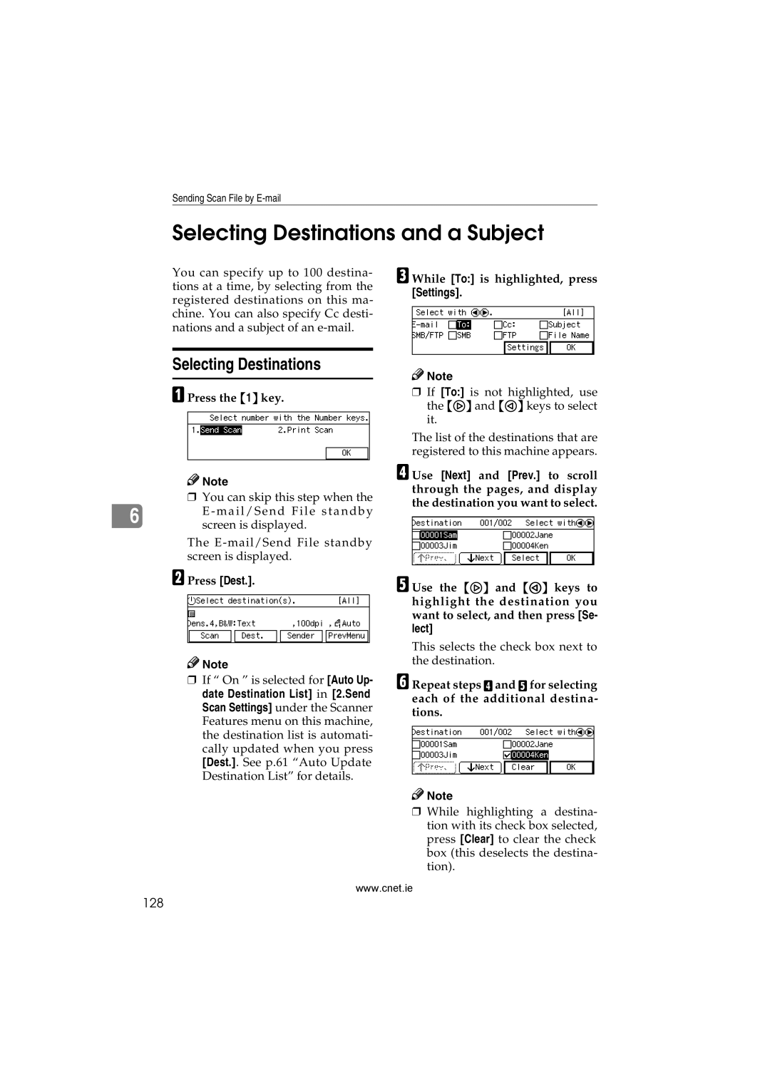 CNET Printer/Fax/Scanner/Copier appendix Selecting Destinations and a Subject, 128, Press Dest 