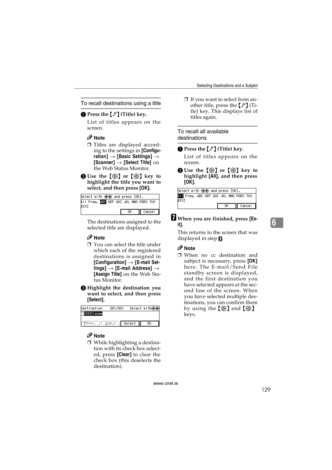 CNET Printer/Fax/Scanner/Copier To recall destinations using a title, To recall all available destinations, 129, It.6 