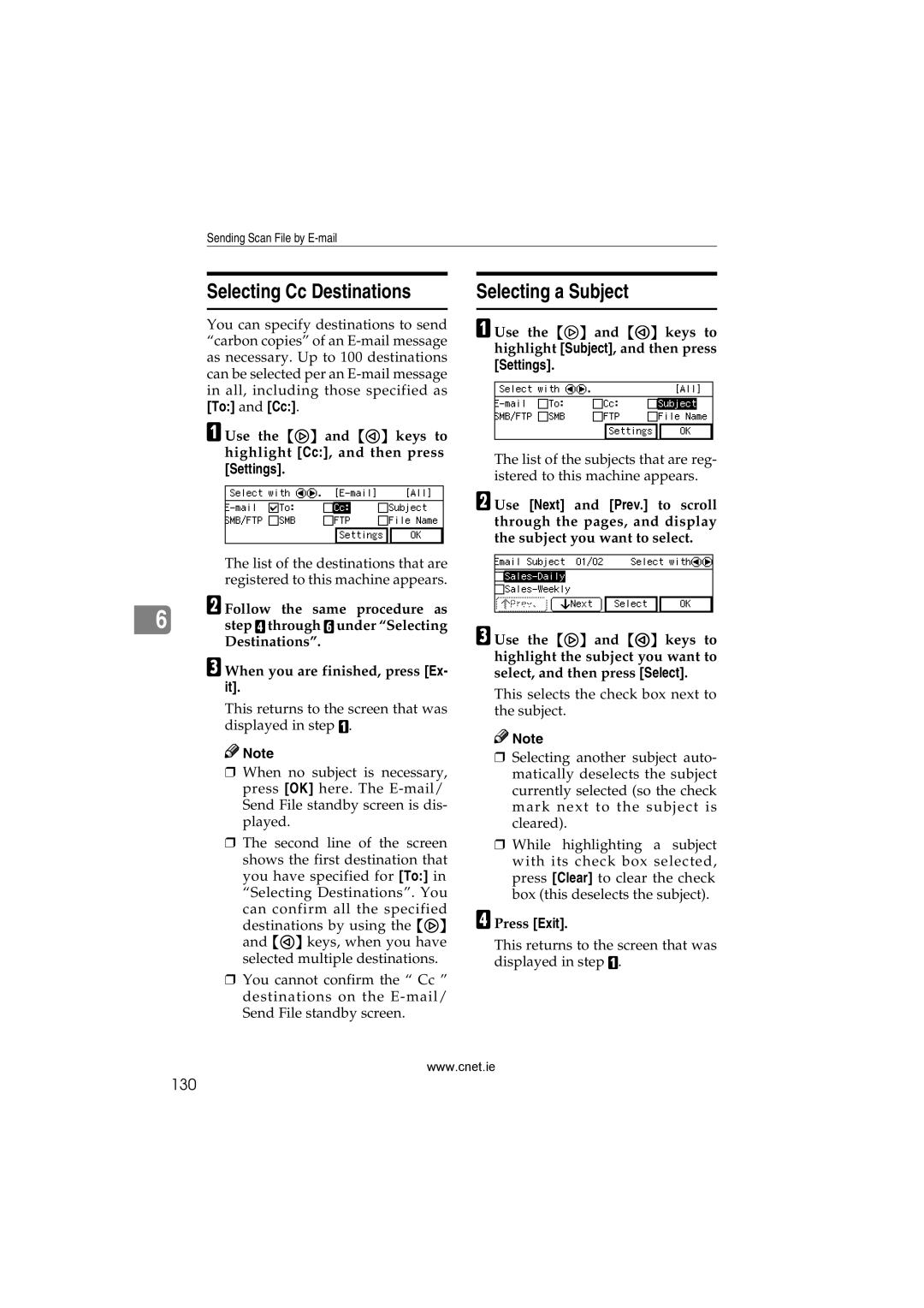 CNET Printer/Fax/Scanner/Copier appendix Selecting Cc Destinations, Selecting a Subject, 130 