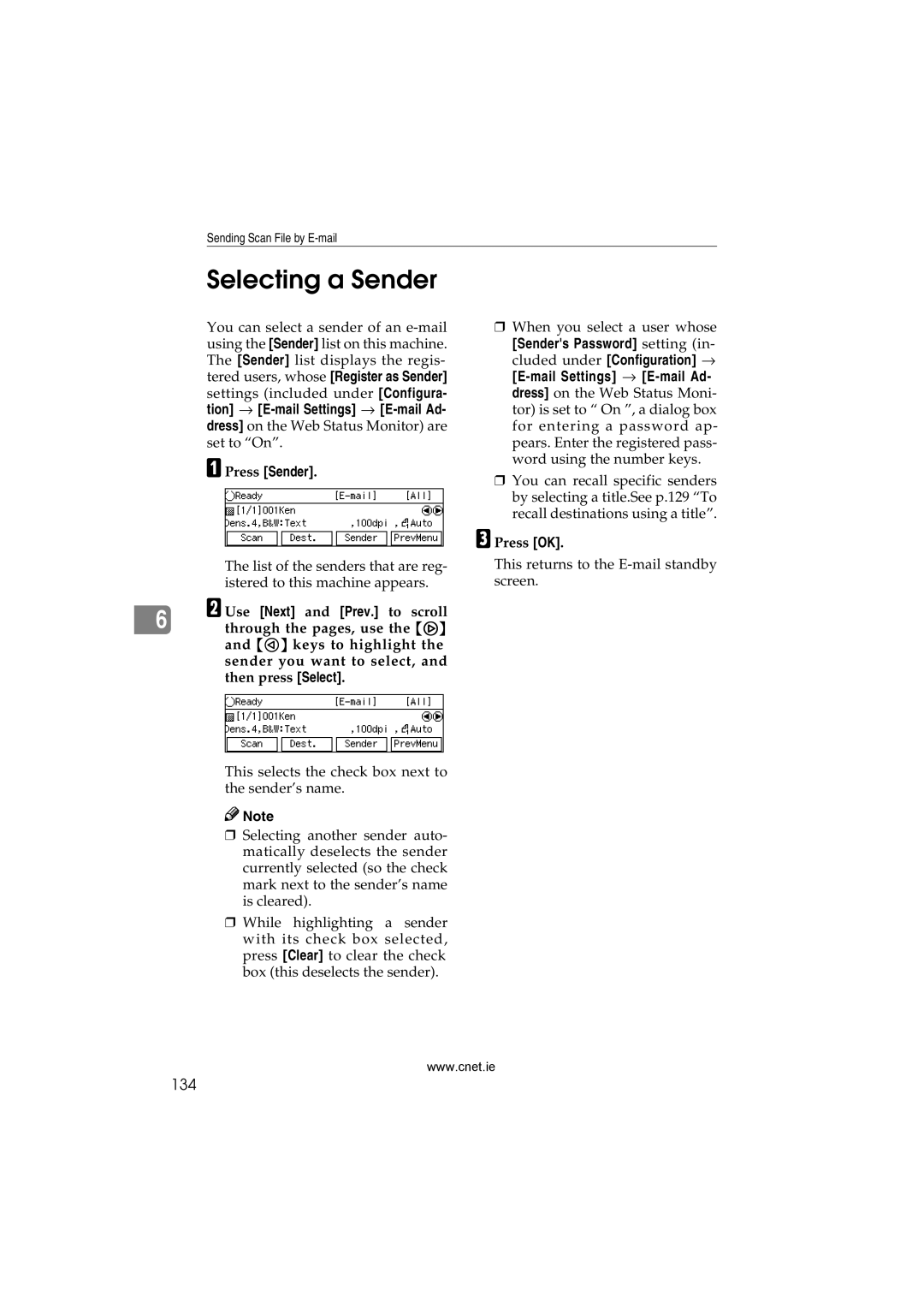 CNET Printer/Fax/Scanner/Copier appendix Selecting a Sender, 134, Press Sender 