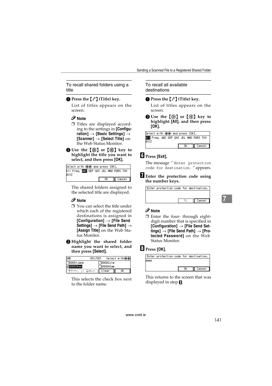 CNET Printer/Fax/Scanner/Copier appendix To recall shared folders using a title, 141 