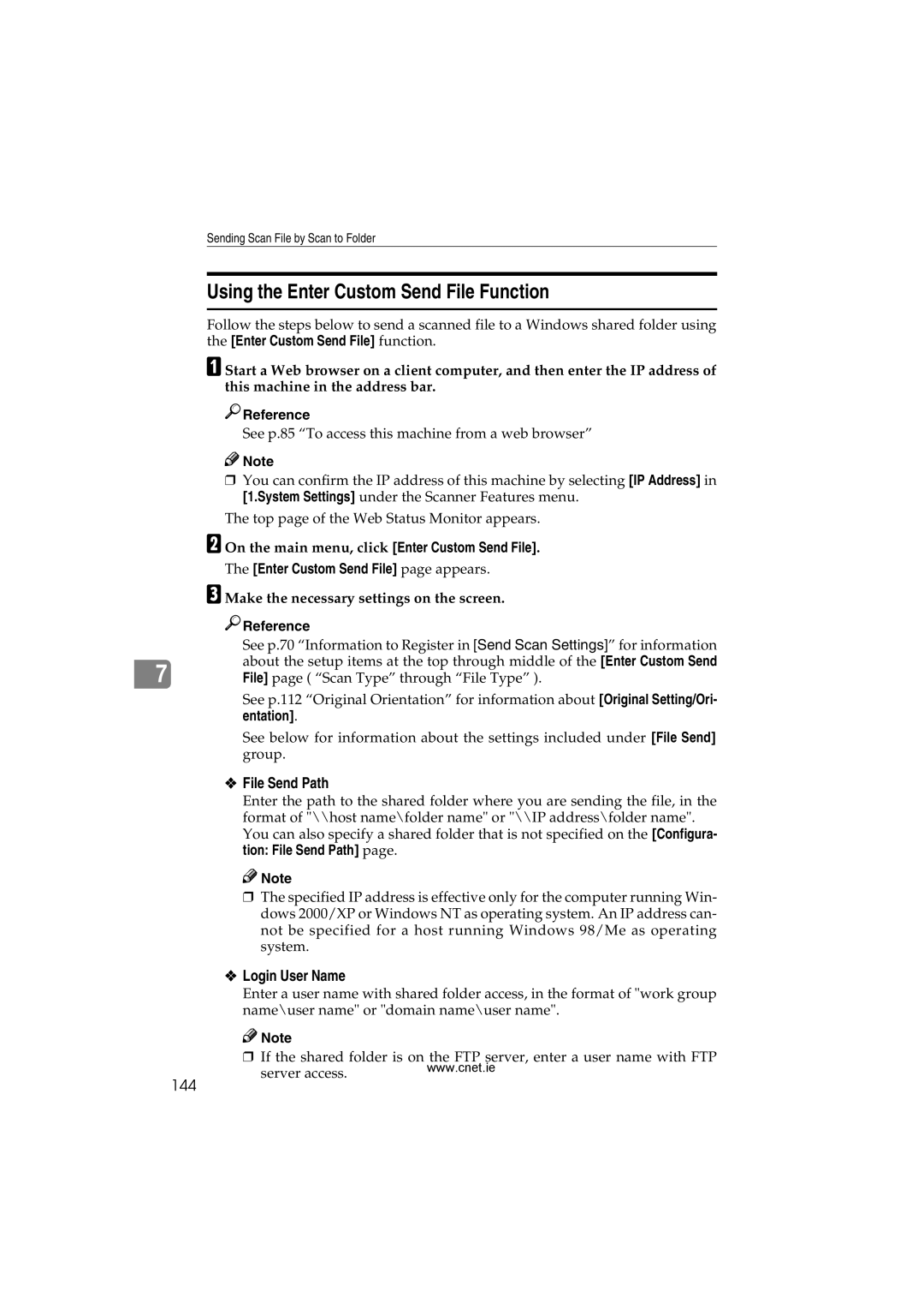 CNET Printer/Fax/Scanner/Copier Using the Enter Custom Send File Function, 144, Enter Custom Send File page appears 