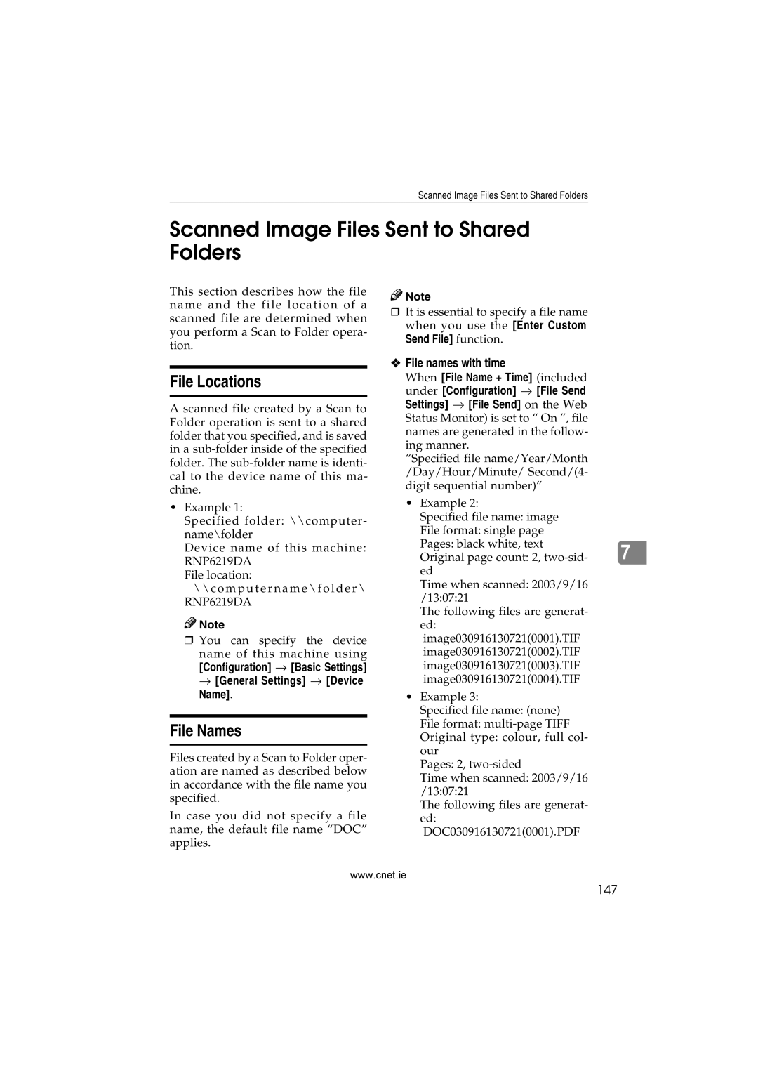 CNET Printer/Fax/Scanner/Copier appendix Scanned Image Files Sent to Shared Folders, File Locations, File Names, 147 