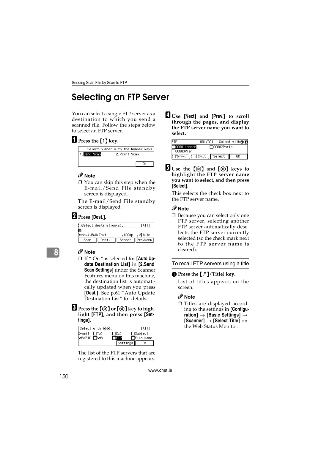 CNET Printer/Fax/Scanner/Copier appendix Selecting an FTP Server, To recall FTP servers using a title, 150 