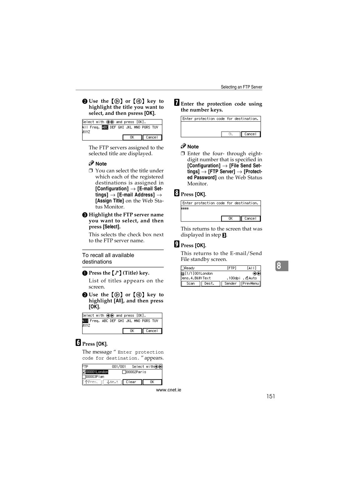 CNET Printer/Fax/Scanner/Copier appendix To recall all available destinations, 151 