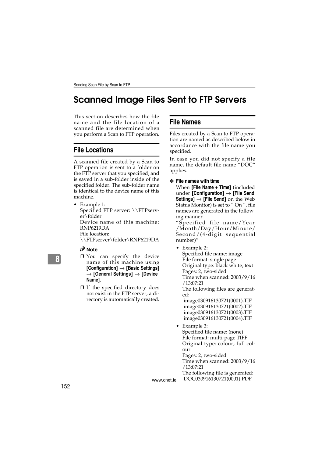 CNET Printer/Fax/Scanner/Copier appendix Scanned Image Files Sent to FTP Servers, 152, When File Name + Time included 