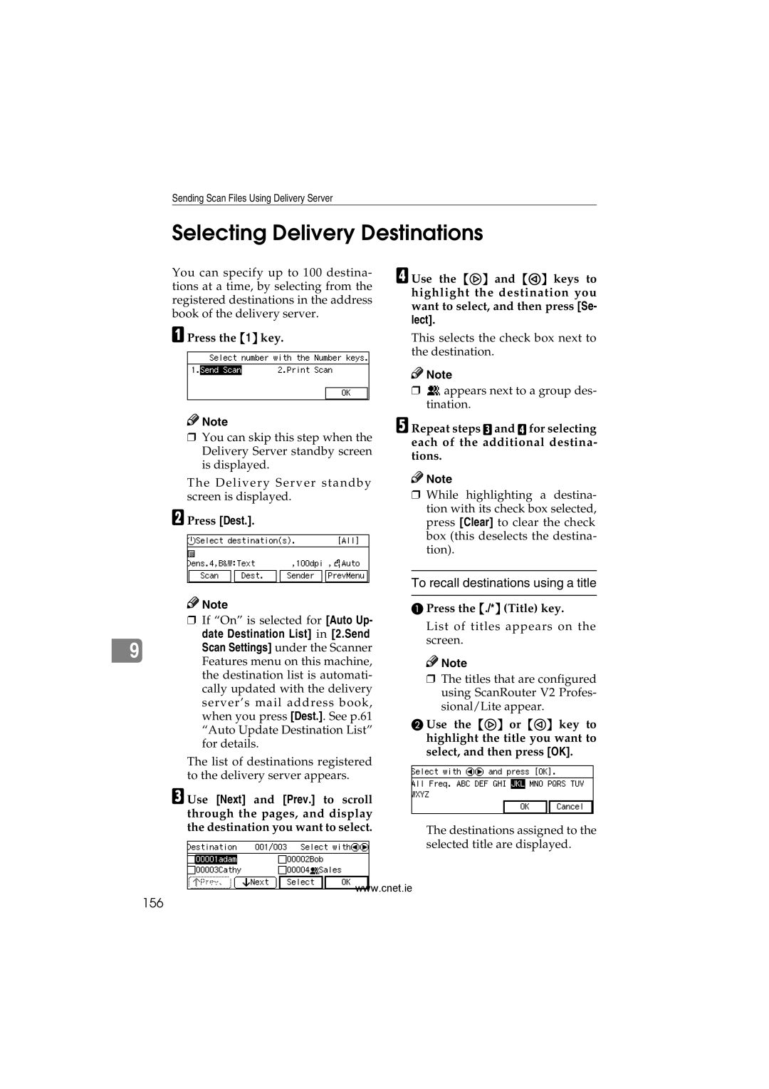 CNET Printer/Fax/Scanner/Copier appendix Selecting Delivery Destinations, 156 