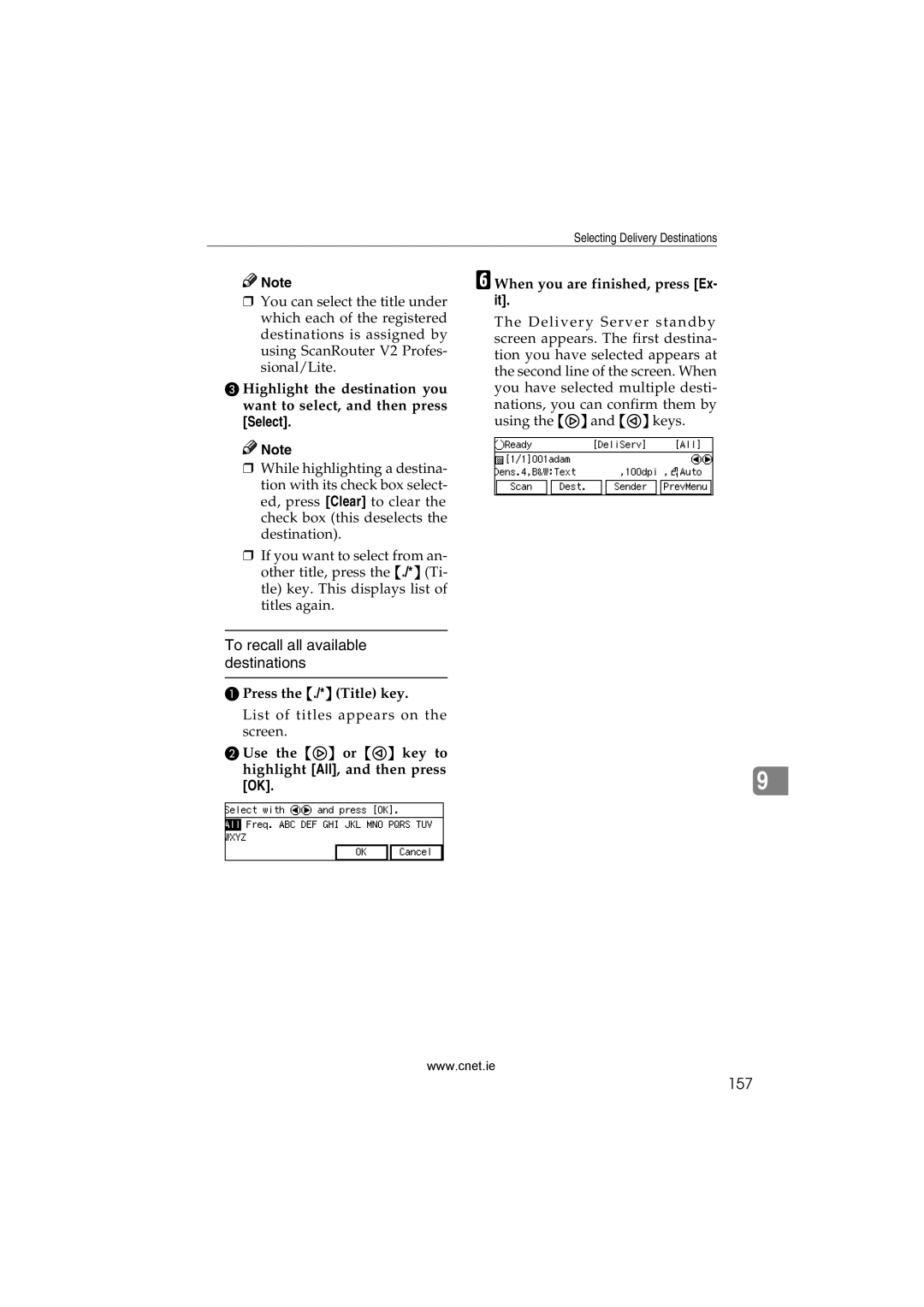 CNET Printer/Fax/Scanner/Copier appendix To recall all available destinations, 157 