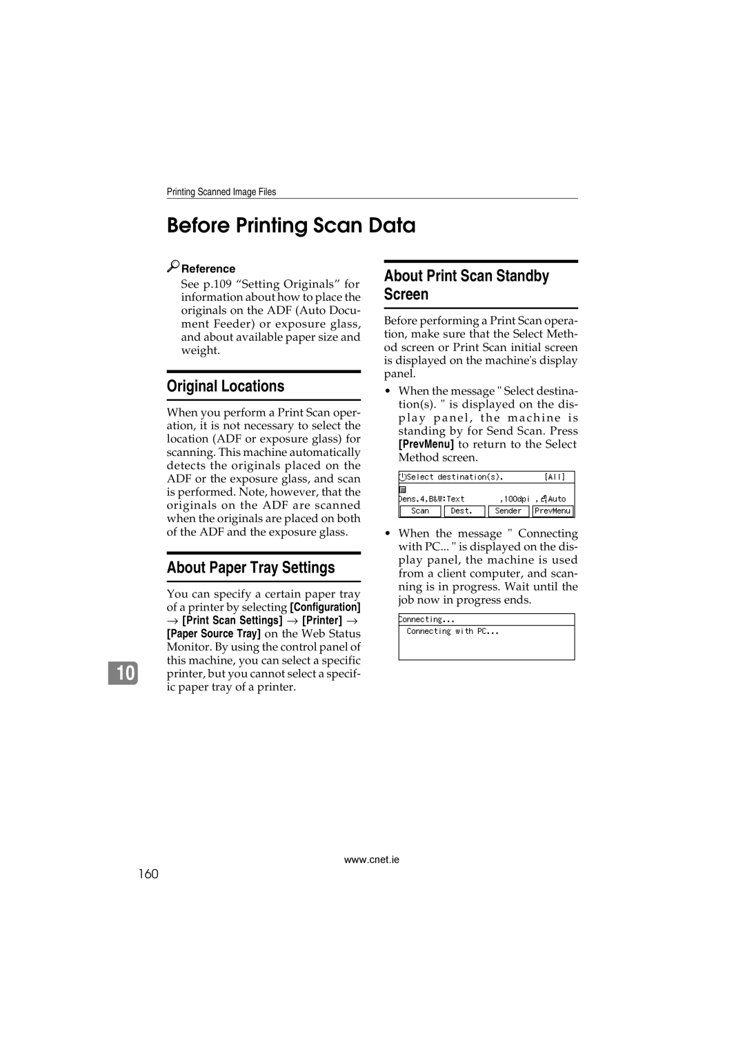 CNET Printer/Fax/Scanner/Copier appendix Before Printing Scan Data, Original Locations, About Paper Tray Settings, 160 