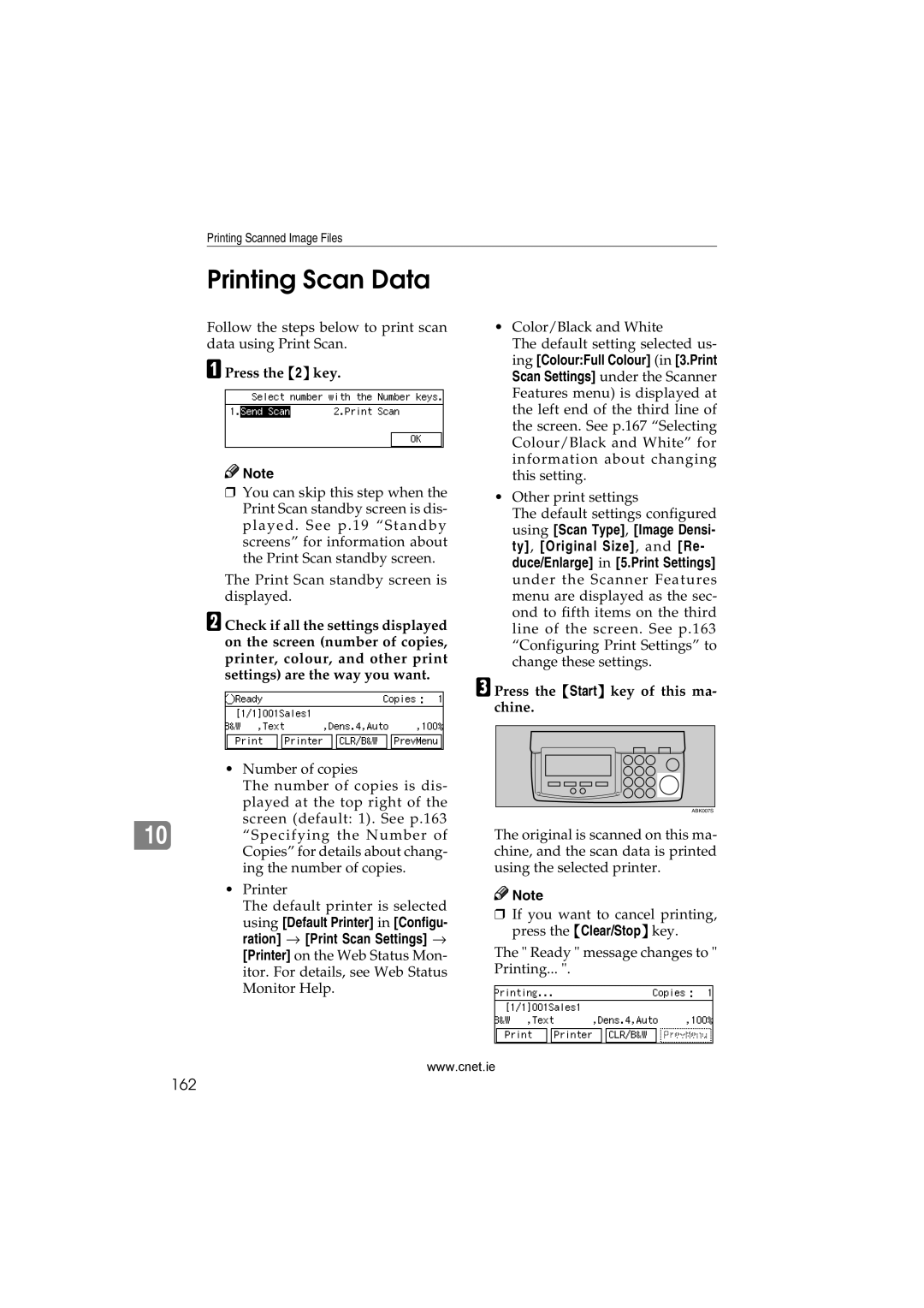 CNET Printer/Fax/Scanner/Copier appendix Printing Scan Data, 162, Press the Start key of this ma- chine 