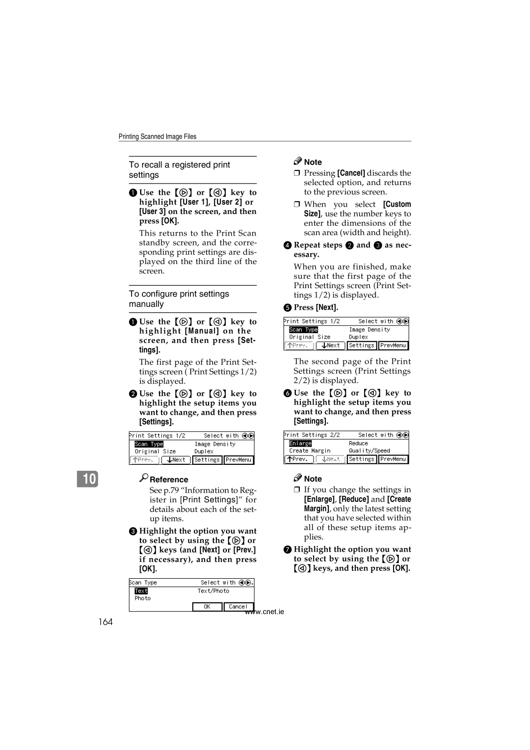 CNET Printer/Fax/Scanner/Copier To recall a registered print settings, To configure print settings manually, 164, Settings 