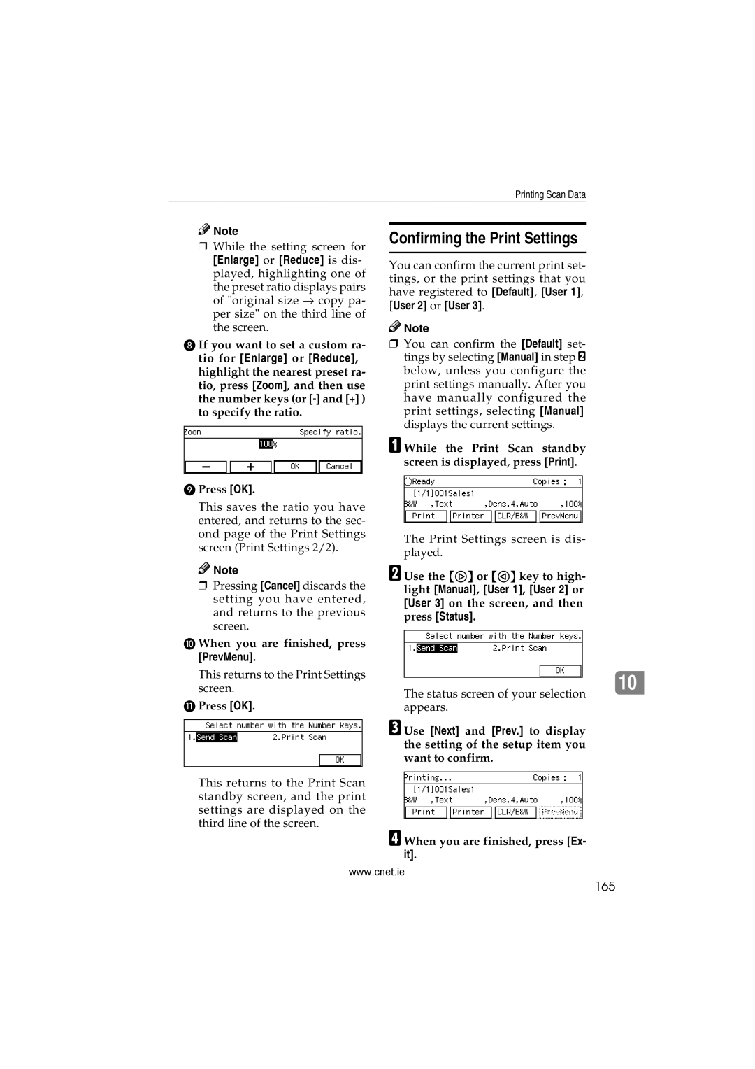 CNET Printer/Fax/Scanner/Copier appendix Confirming the Print Settings, 165, When you are finished, press, PrevMenu 