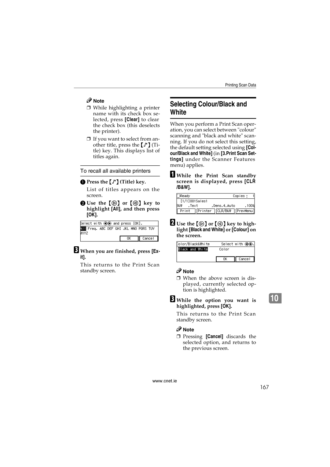 CNET Printer/Fax/Scanner/Copier appendix Selecting Colour/Black White, To recall all available printers, 167 