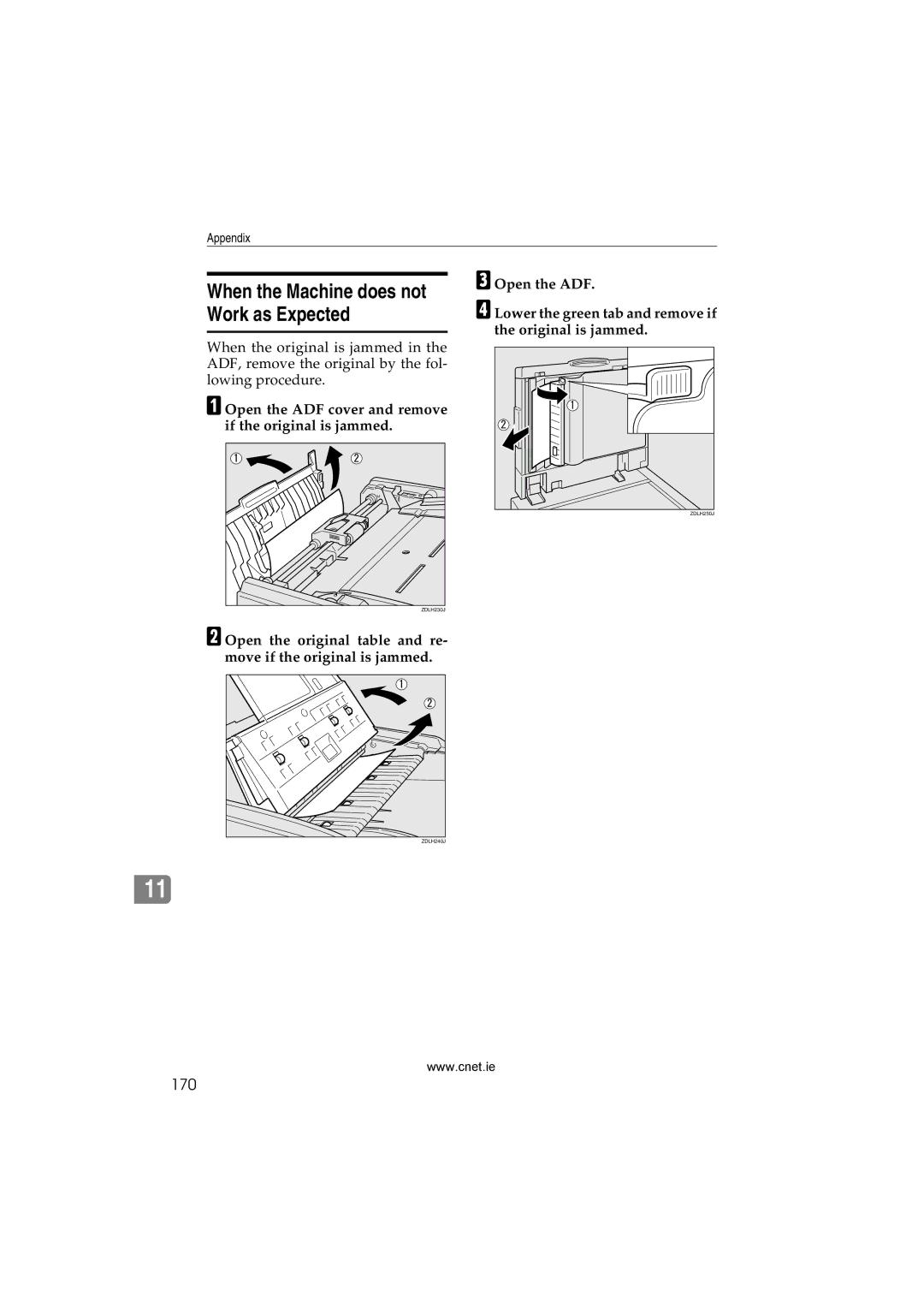 CNET Printer/Fax/Scanner/Copier appendix 170, Open the ADF cover and remove if the original is jammed 