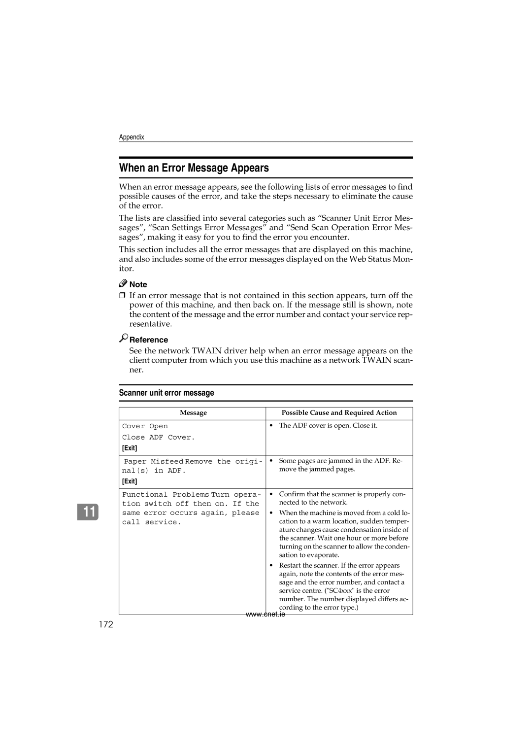 CNET Printer/Fax/Scanner/Copier appendix When an Error Message Appears, Scanner unit error message, 172 