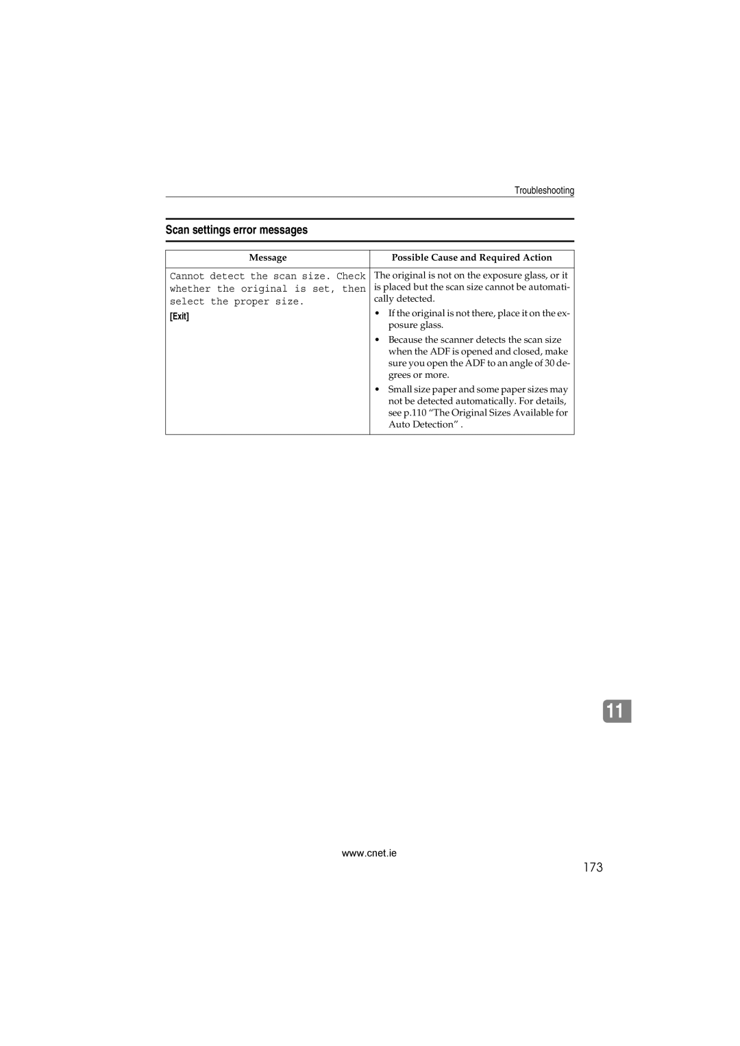 CNET Printer/Fax/Scanner/Copier appendix Scan settings error messages, 173 