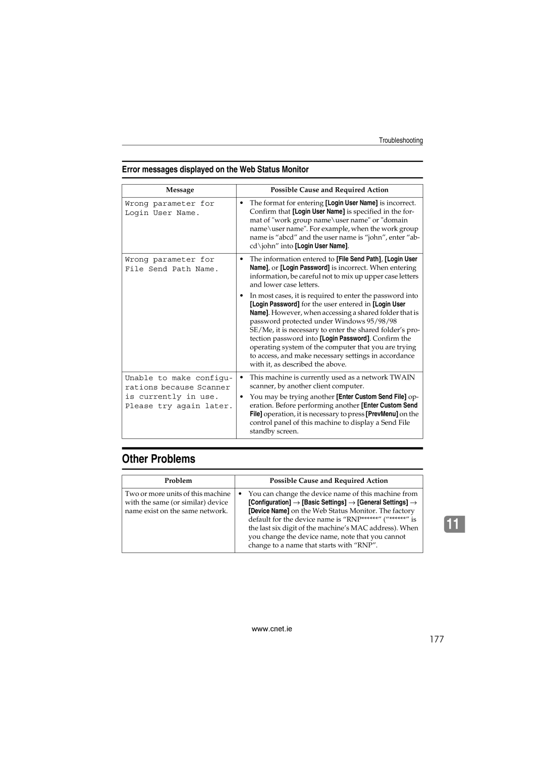 CNET Printer/Fax/Scanner/Copier appendix Other Problems, Error messages displayed on the Web Status Monitor, 177 