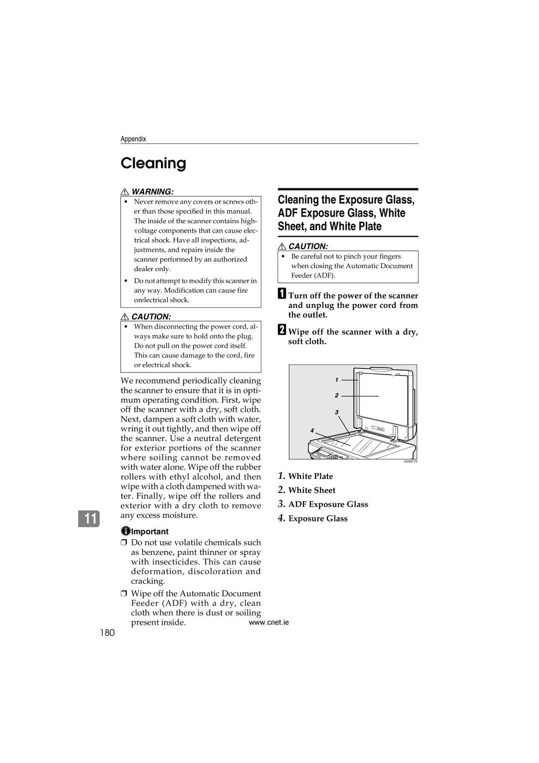 CNET Printer/Fax/Scanner/Copier appendix Cleaning, 180, Wipe off the scanner with a dry, soft cloth 