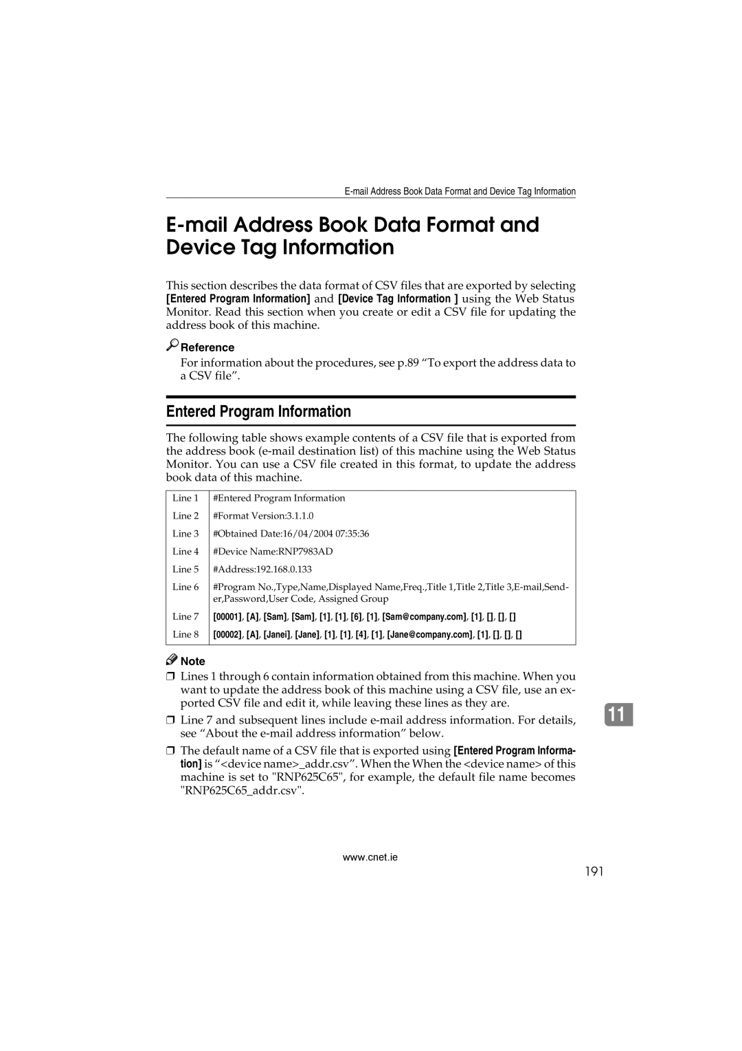 CNET Printer/Fax/Scanner/Copier Mail Address Book Data Format and Device Tag Information, Entered Program Information, 191 