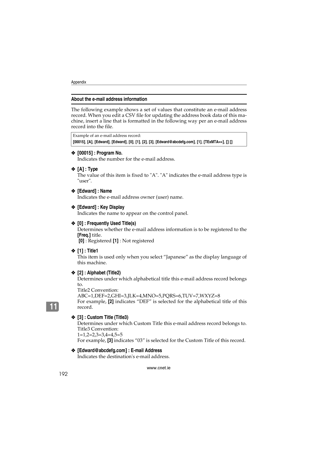 CNET Printer/Fax/Scanner/Copier About the e-mail address information, Type, Edward Name, Edward Key Display, Title1 