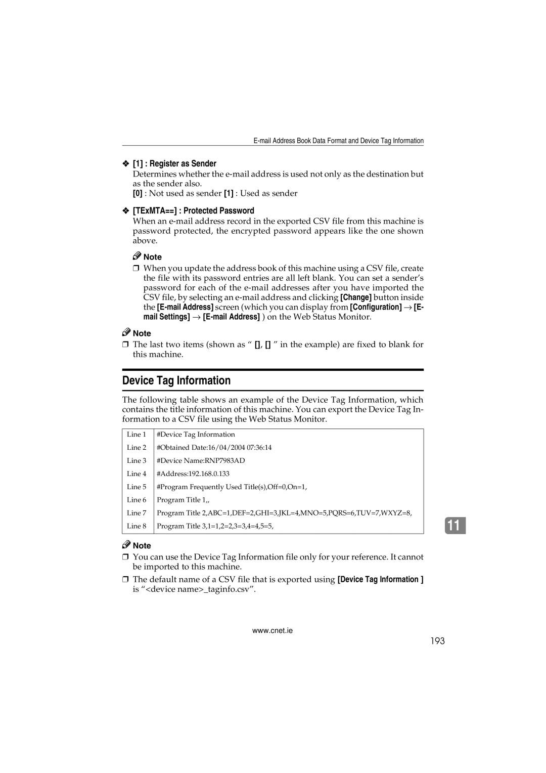 CNET Printer/Fax/Scanner/Copier appendix Device Tag Information, Register as Sender, TExMTA== Protected Password, 193 