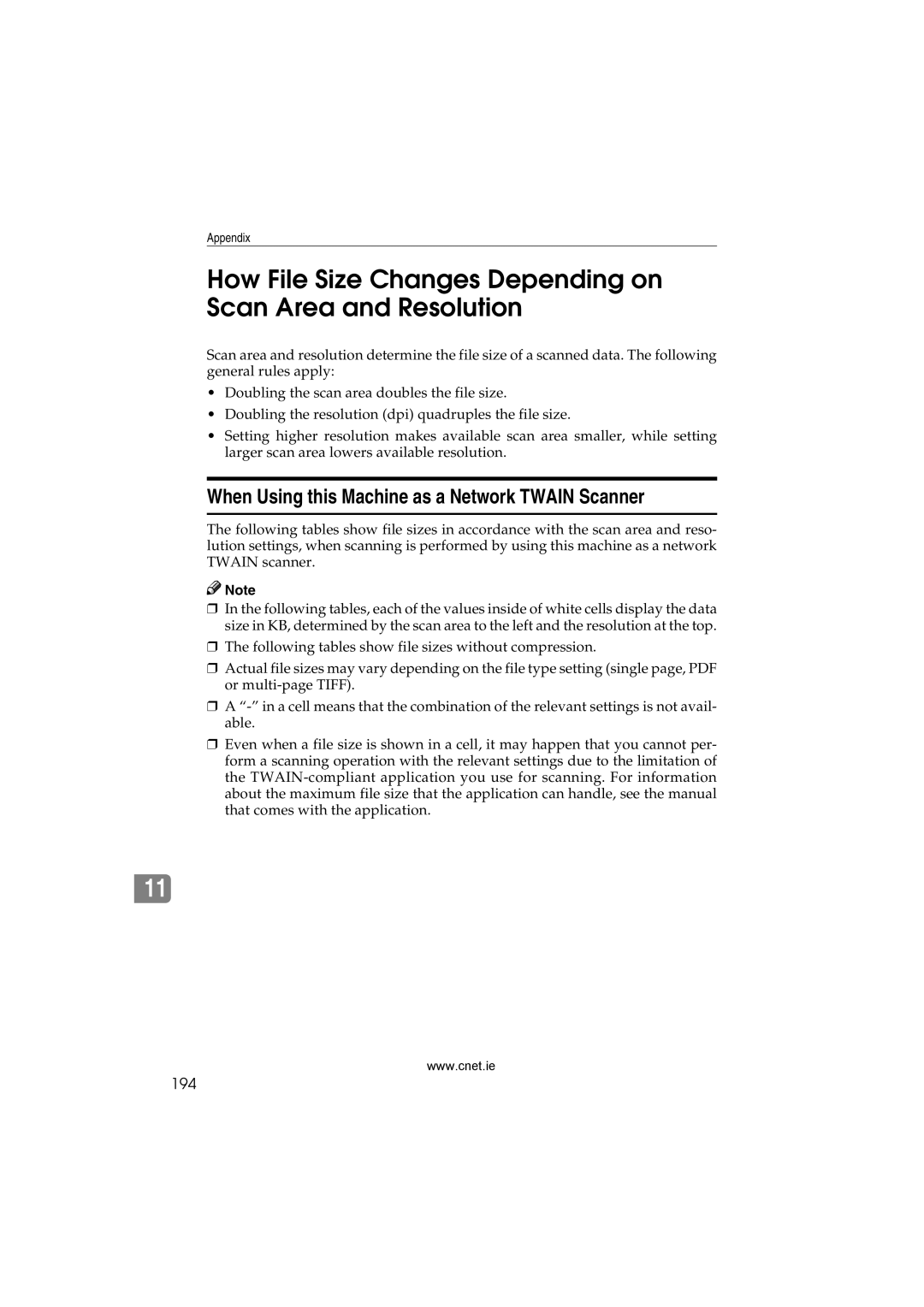 CNET Printer/Fax/Scanner/Copier appendix How File Size Changes Depending on Scan Area and Resolution, 194 