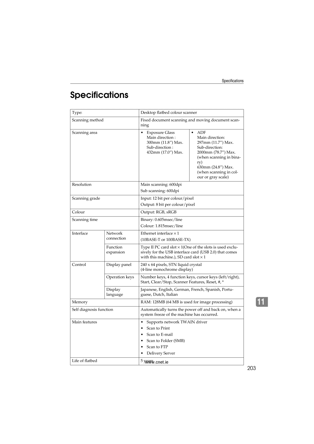 CNET Printer/Fax/Scanner/Copier appendix Specifications, 203 