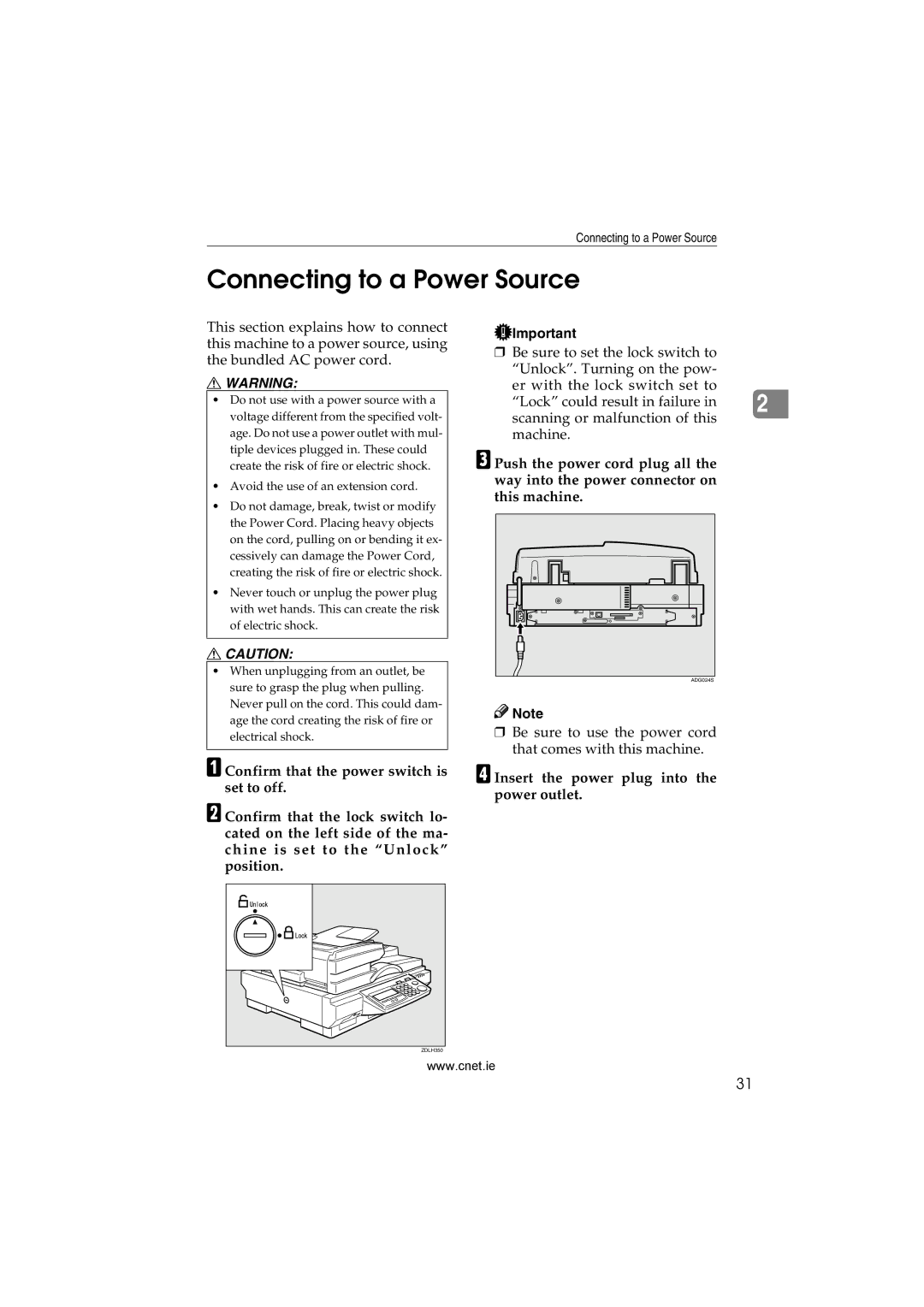 CNET Printer/Fax/Scanner/Copier appendix Connecting to a Power Source, Insert the power plug into the power outlet 