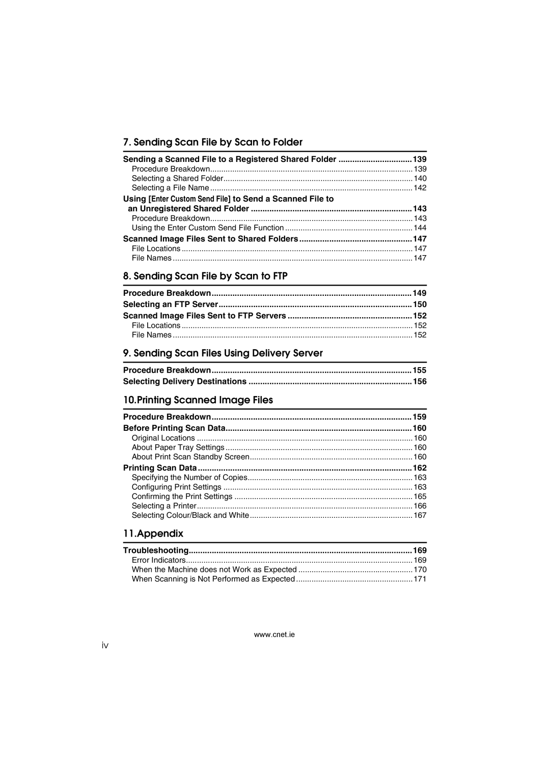 CNET Printer/Fax/Scanner/Copier appendix 139, Using Enter Custom Send File to Send a Scanned File to, 143, 147, 152 