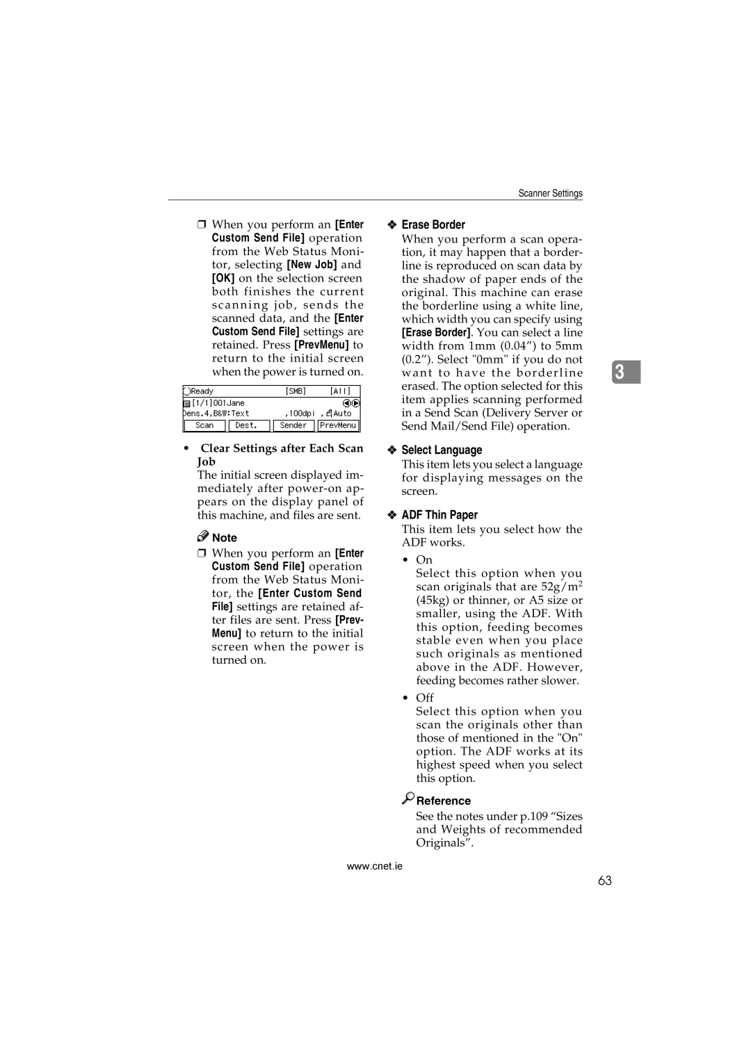 CNET Printer/Fax/Scanner/Copier appendix Erase Border, Select Language, ADF Thin Paper, Clear Settings after Each Scan Job 