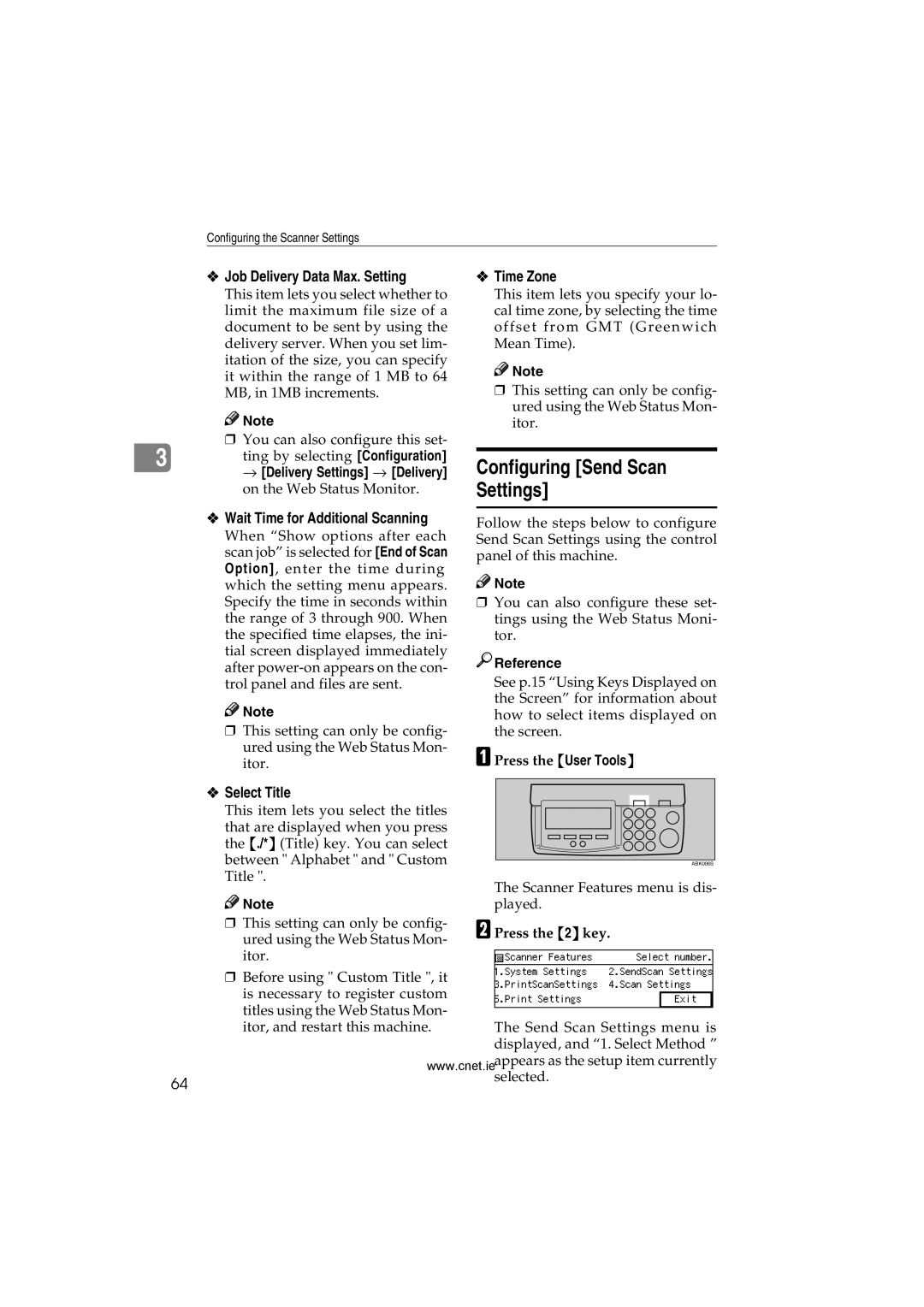 CNET Printer/Fax/Scanner/Copier Configuring Send Scan Settings, Job Delivery Data Max. Setting, Time Zone, Select Title 