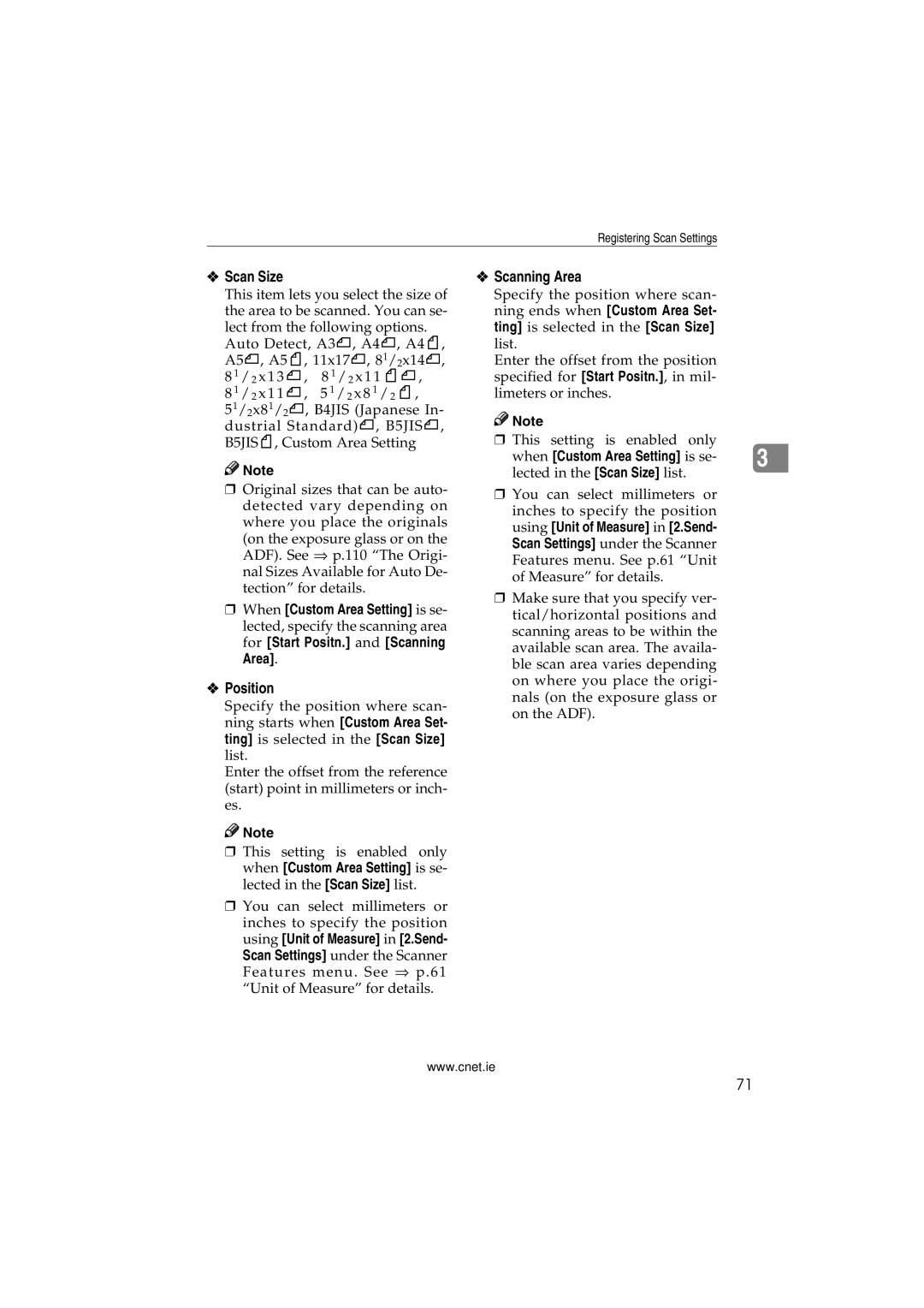 CNET Printer/Fax/Scanner/Copier appendix Scan Size, Scanning Area, Position, When Custom Area Setting is se 