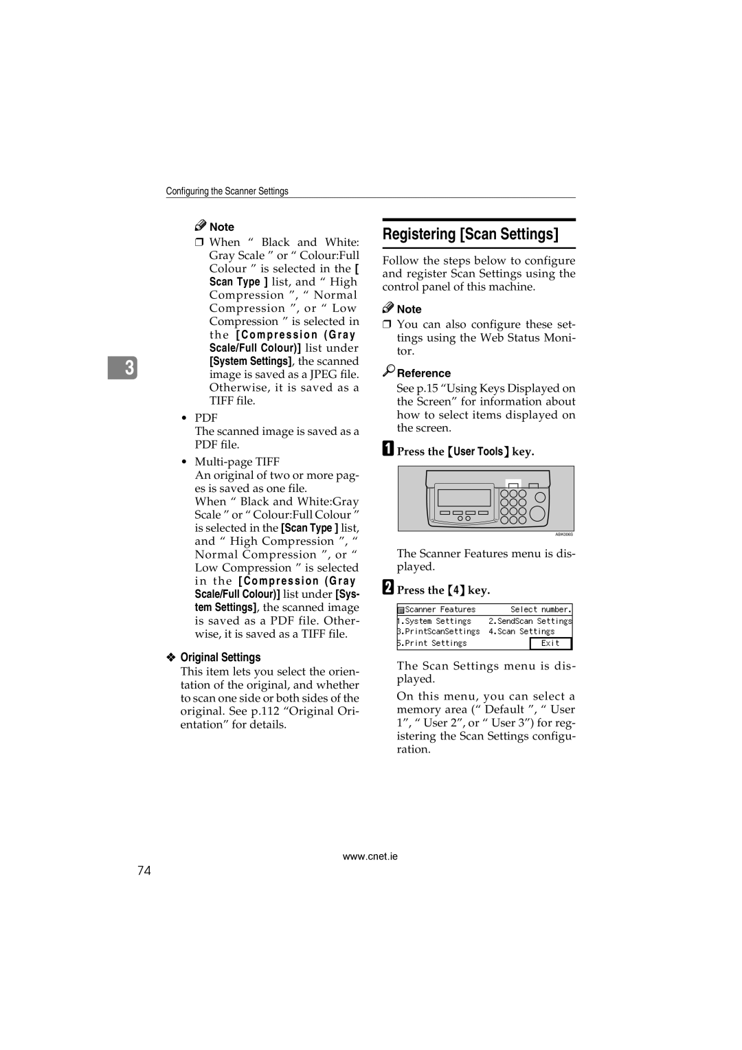 CNET Printer/Fax/Scanner/Copier appendix Registering Scan Settings, Original Settings, Scale/Full Colour list under 