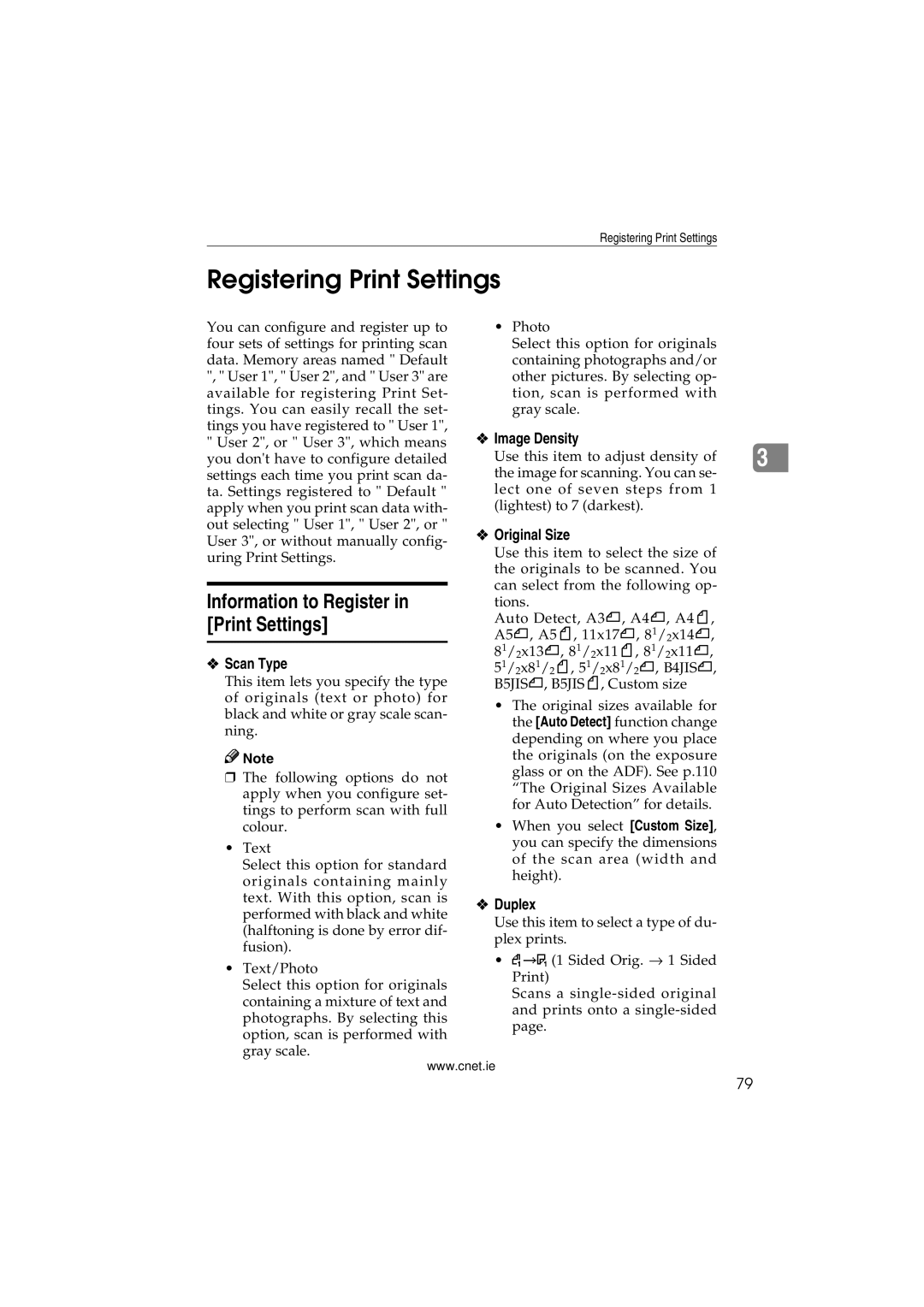 CNET Printer/Fax/Scanner/Copier appendix Registering Print Settings, Information to Register, Original Size, Duplex 