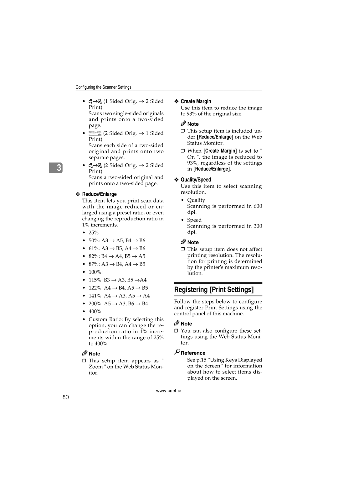 CNET Printer/Fax/Scanner/Copier appendix Registering Print Settings, Reduce/Enlarge, Create Margin, Quality/Speed 