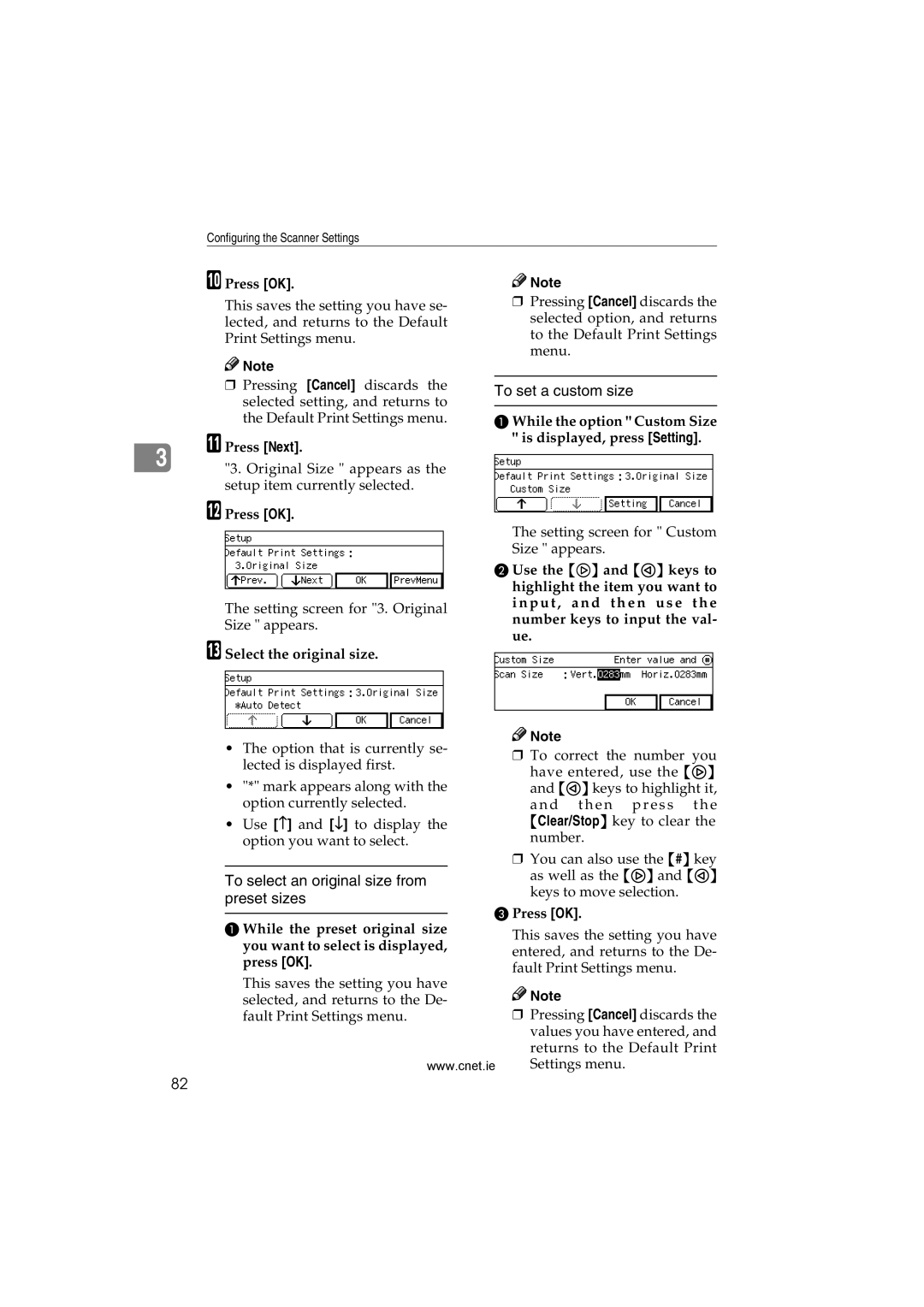 CNET Printer/Fax/Scanner/Copier appendix To select an original size from preset sizes, To set a custom size 