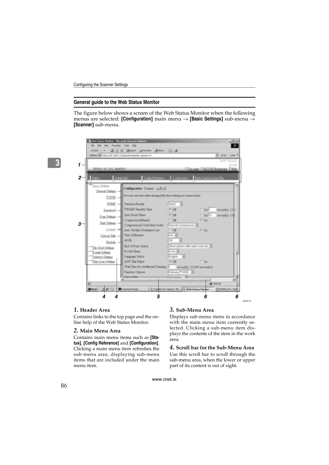 CNET Printer/Fax/Scanner/Copier General guide to the Web Status Monitor, Header Area, Main Menu Area, Sub-Menu Area 