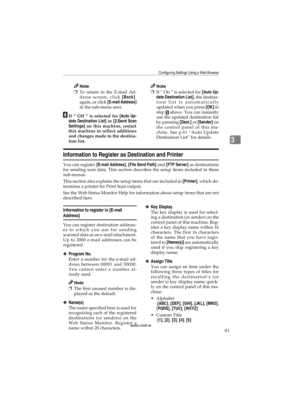 CNET Printer/Fax/Scanner/Copier appendix Information to Register as Destination and Printer 