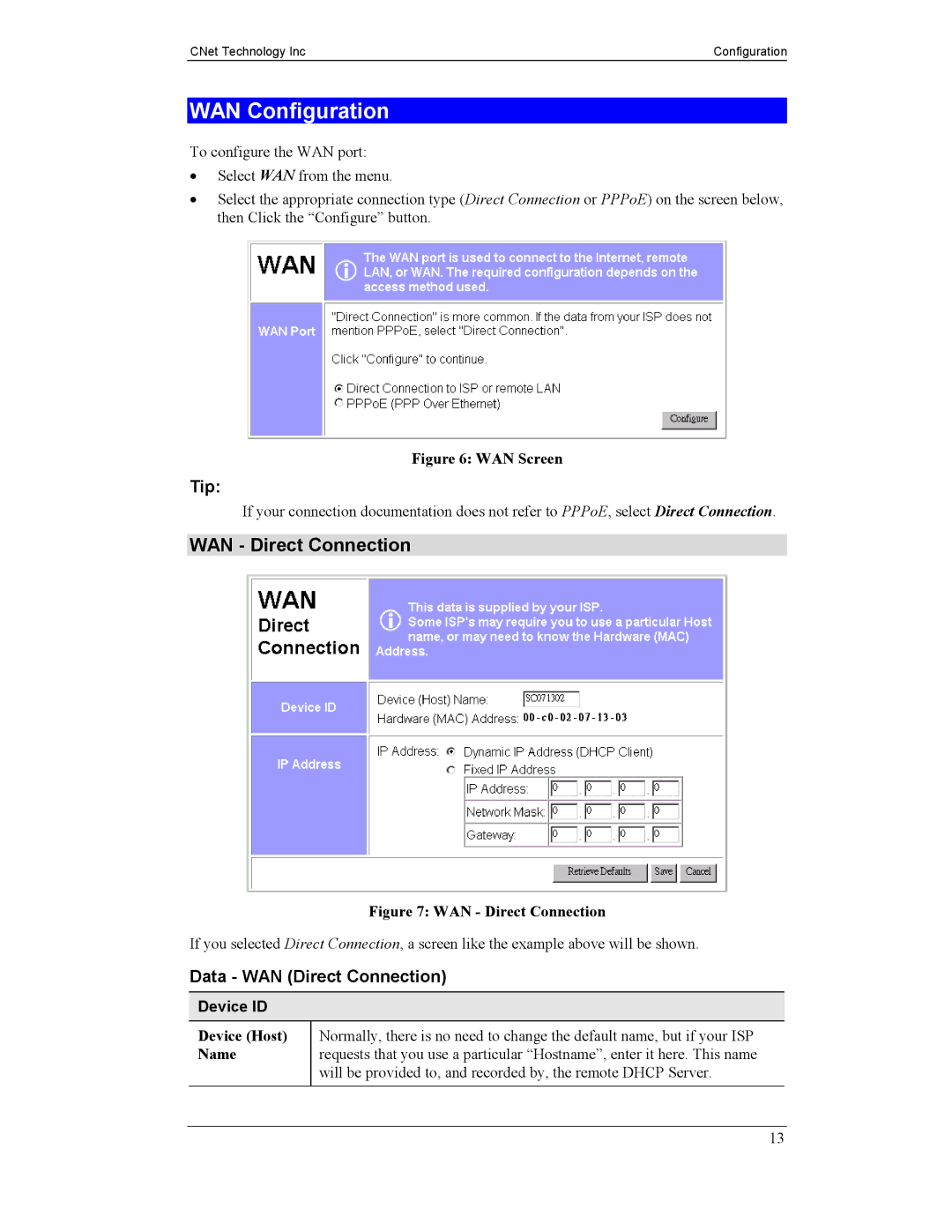 CNet Technology CNIG904S manual WAN Configuration, Tip, Data WAN Direct Connection, Device ID 