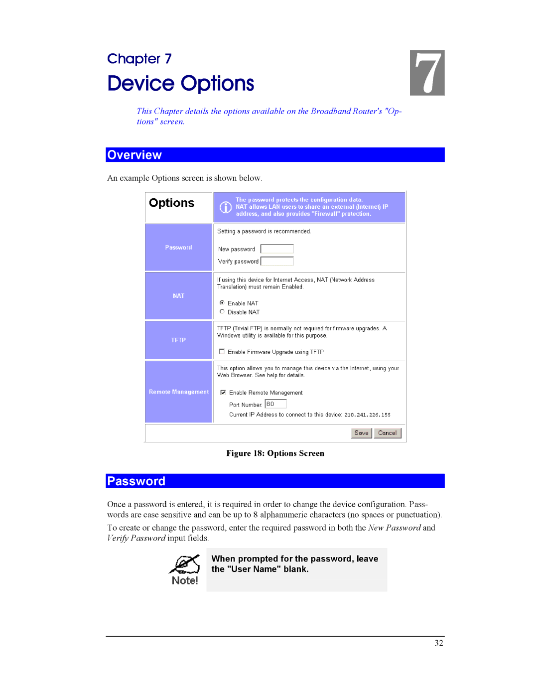 CNet Technology CNIG904S manual Device Options, Password, When prompted for the password, leave the User Name blank 