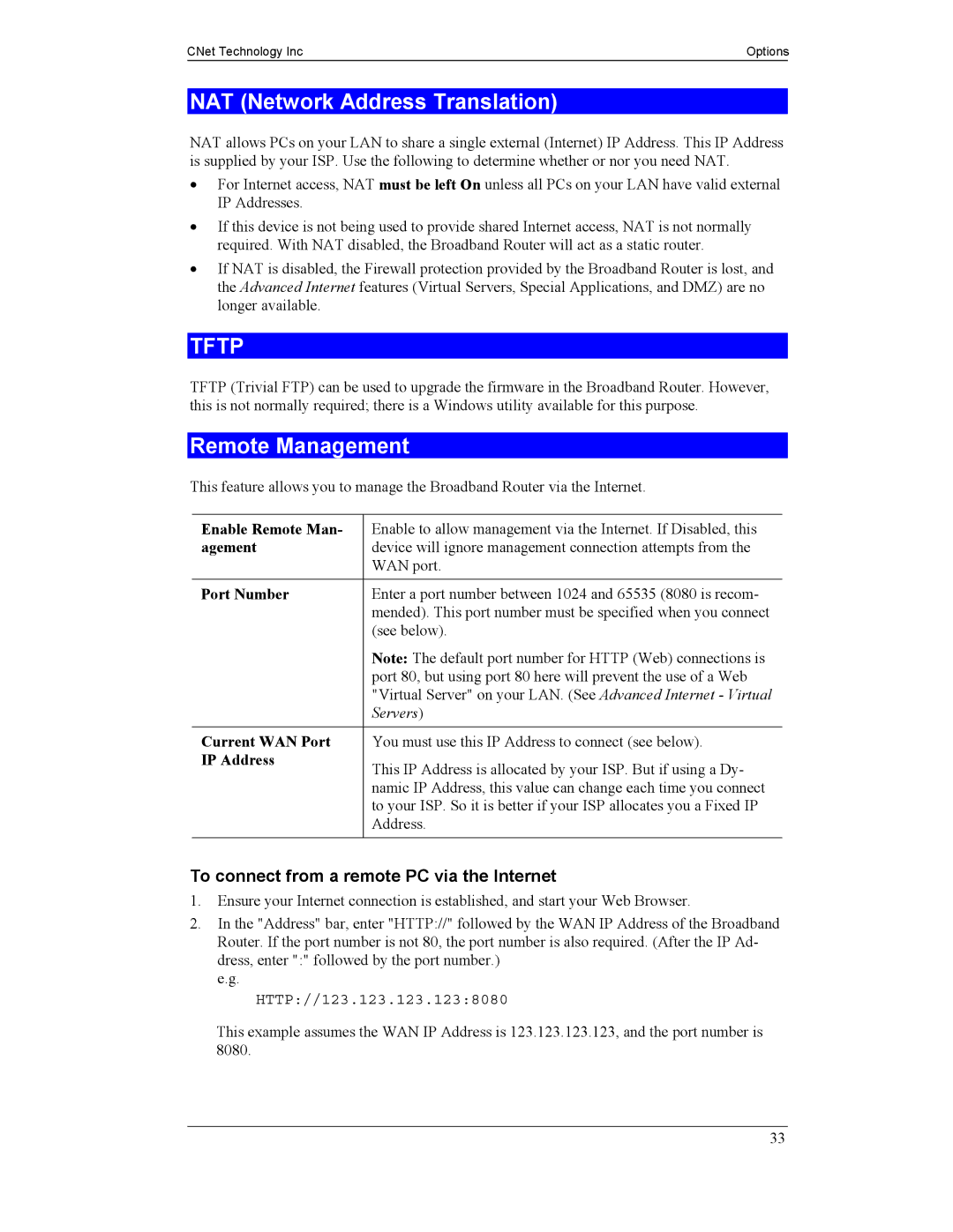 CNet Technology CNIG904S NAT Network Address Translation, Remote Management, To connect from a remote PC via the Internet 