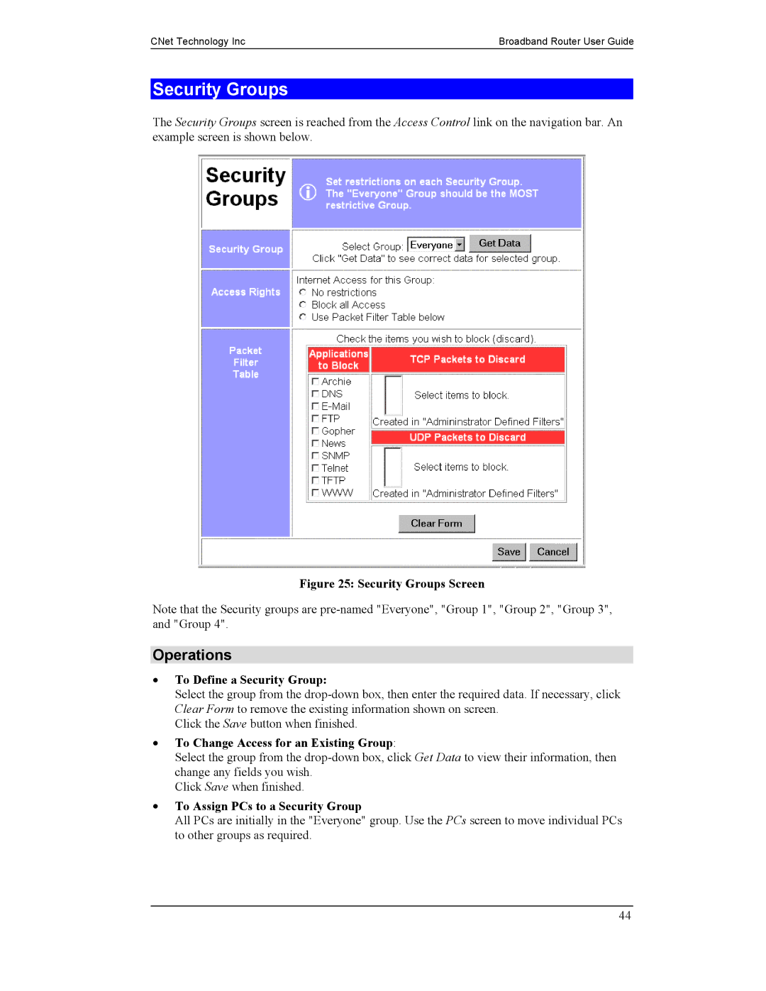 CNet Technology CNIG904S Security Groups, Operations, To Define a Security Group, To Change Access for an Existing Group 