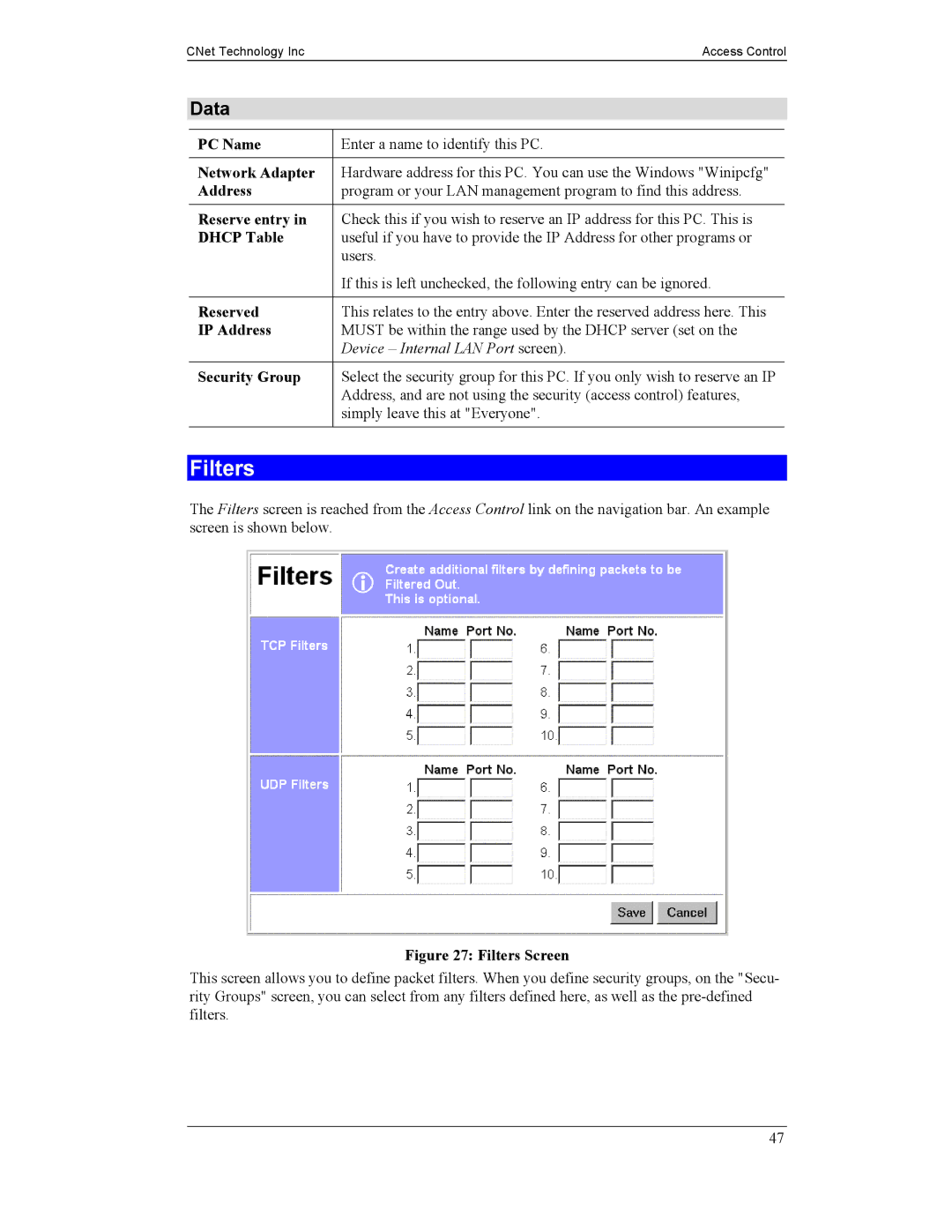 CNet Technology CNIG904S manual Filters 