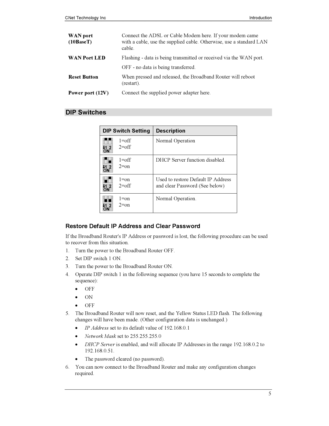 CNet Technology CNIG904S manual DIP Switches, Restore Default IP Address and Clear Password, DIP Switch Setting Description 