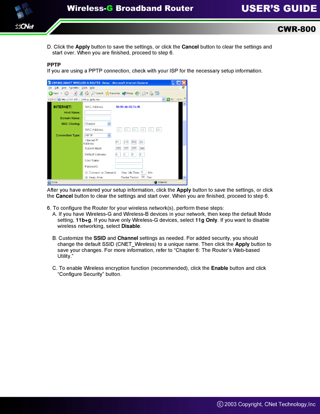 CNet Technology CWR-800 manual Pptp 