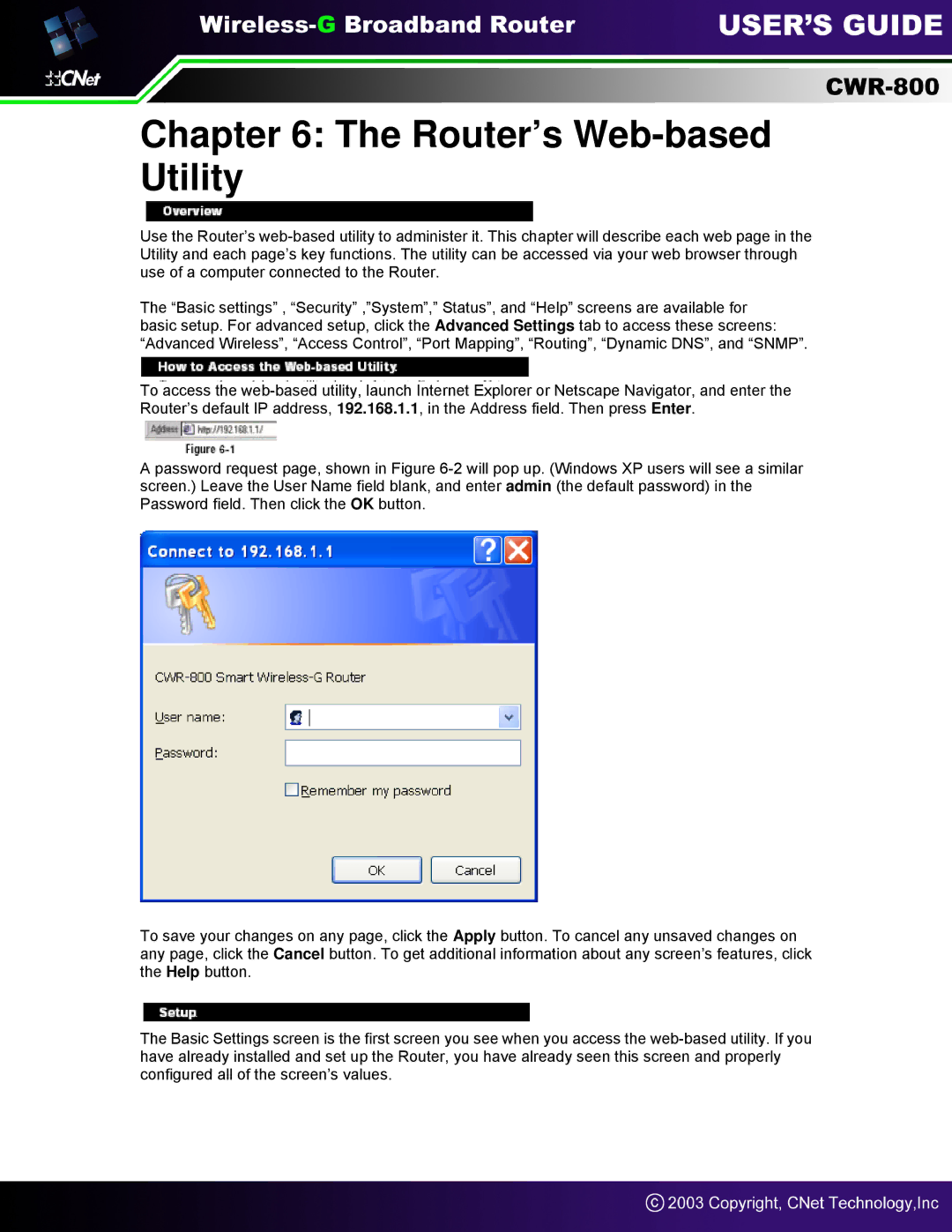 CNet Technology CWR-800 manual Router’s Web-based Utility 