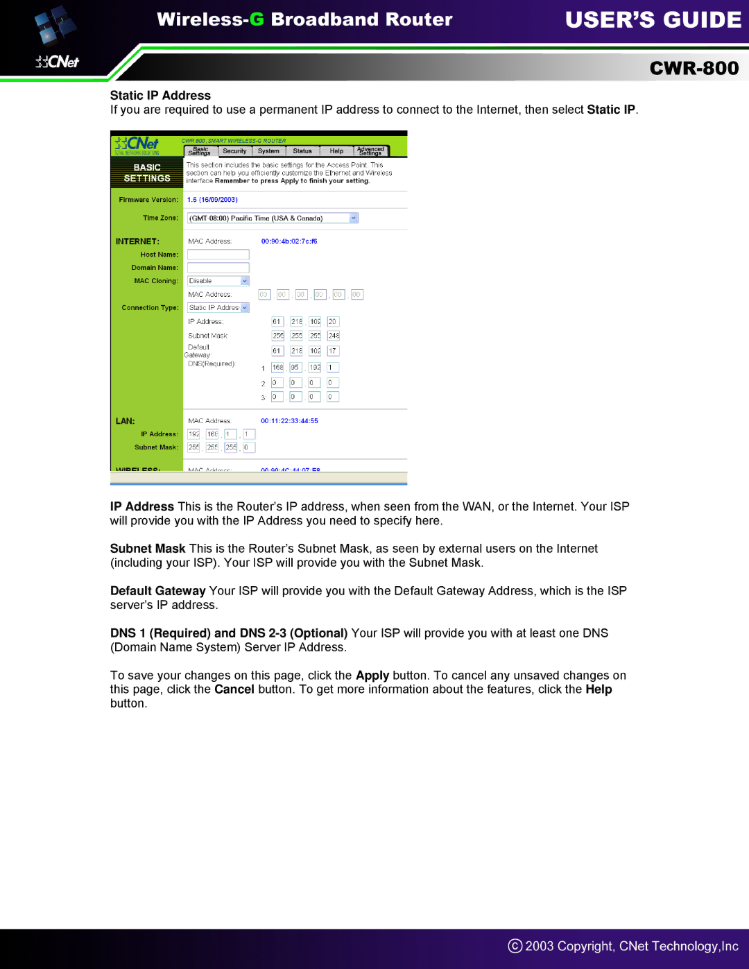 CNet Technology CWR-800 manual Static IP Address 