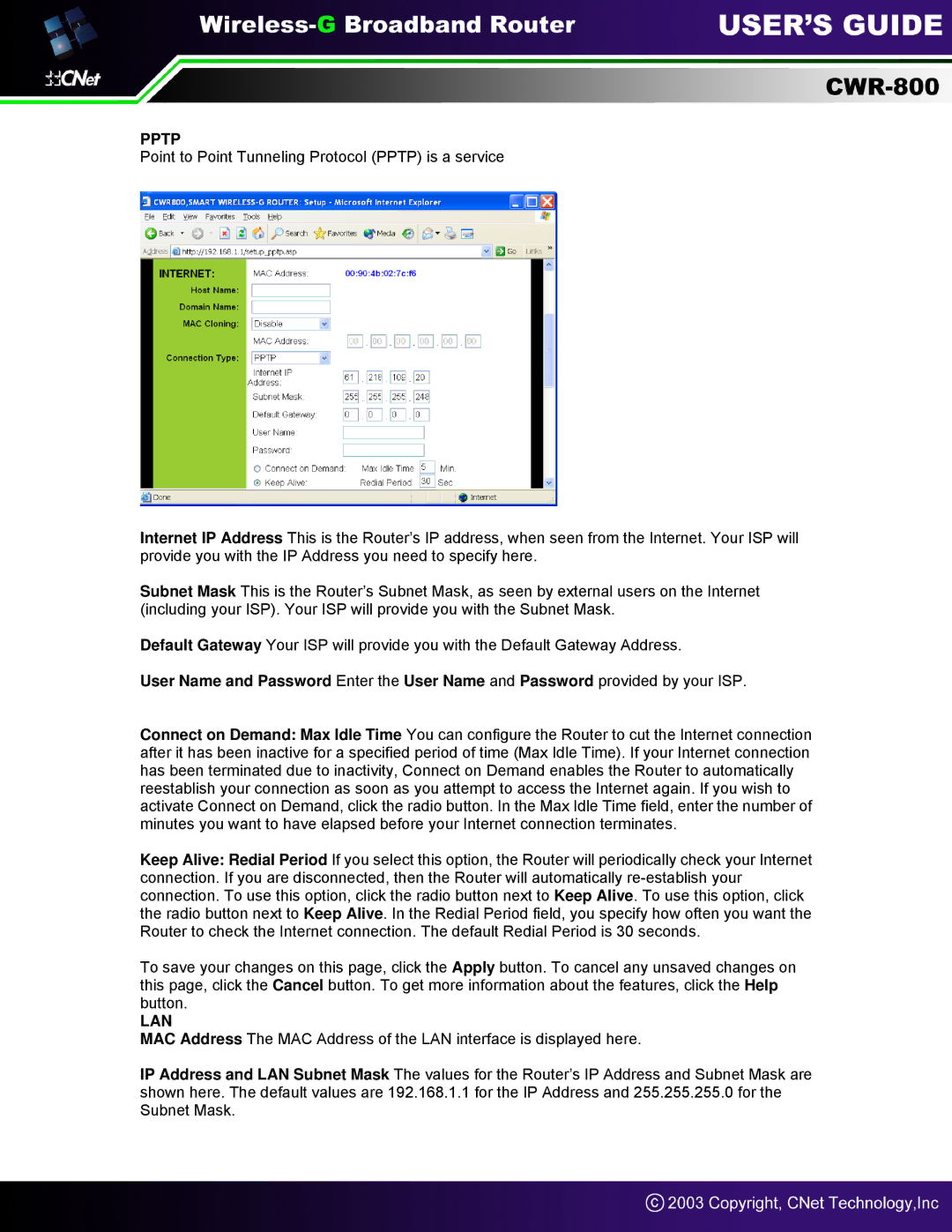 CNet Technology CWR-800 manual Pptp 